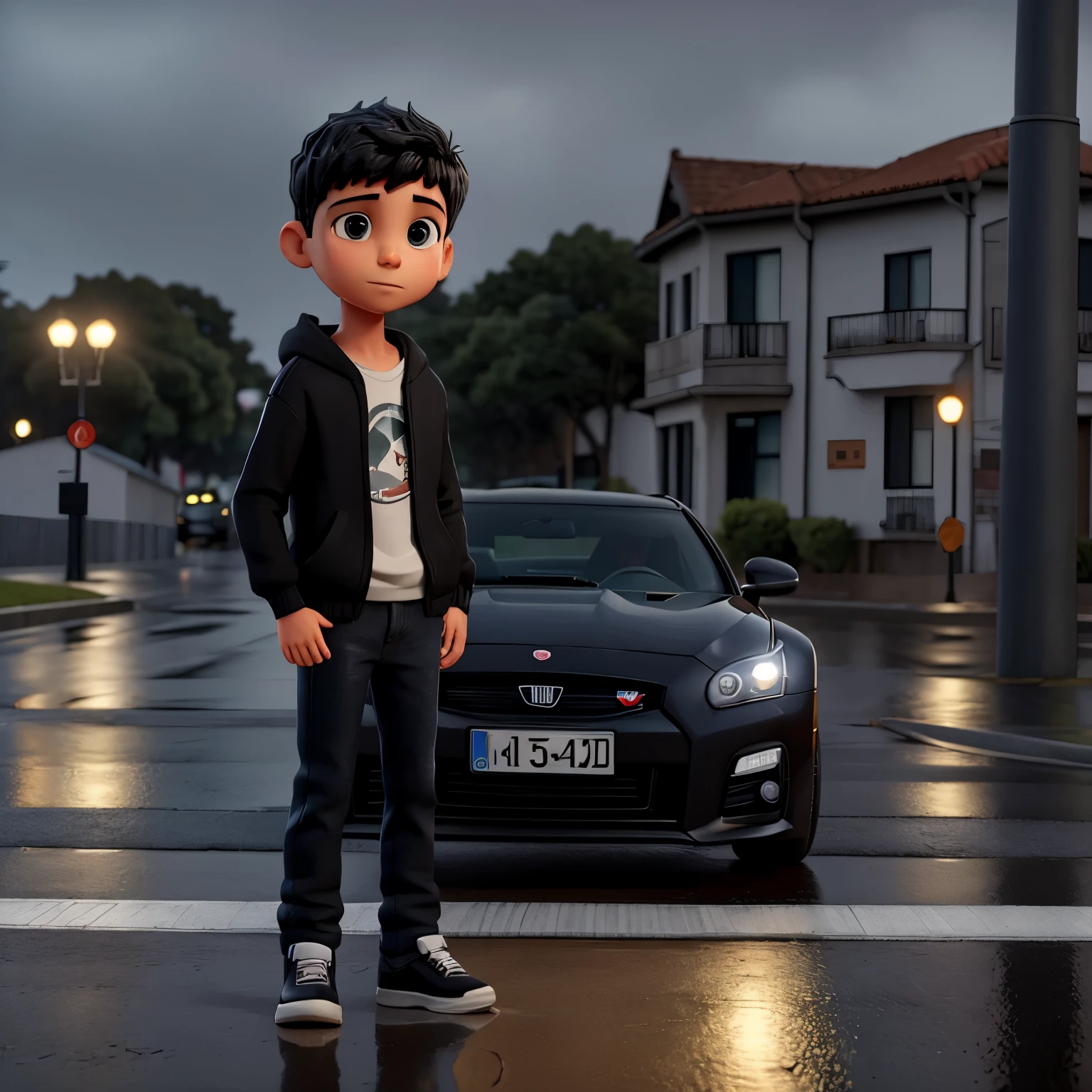 Descreva a cena de um jovem com capuz, wearing a black sweatshirt and jeans, standing on the sidewalk on a rainy night. He is looking at a shiny GTR R35 car passing on the road., Your admiration visible in your eyes. The light from the headlights reflects on the puddles of water around you, enquanto a chuva cai suavemente sobre ele. O som do motor potente ecoa no ar, misturando-se ao som da chuva. The boy remains motionless, captured by the elegance and speed of the car, dreaming of the day when you can be behind the wheel of such an impressive machine.