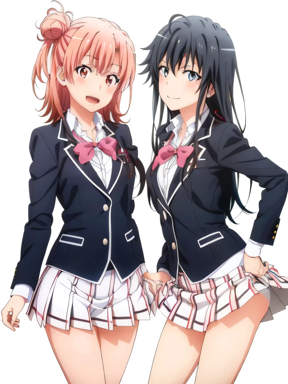 2 girls , Yukinoshita Yukino , Yuigahama Yui , waltz dance , school uniform,check skirt,((check skirt捲れる)),(white panties),(pink panties),