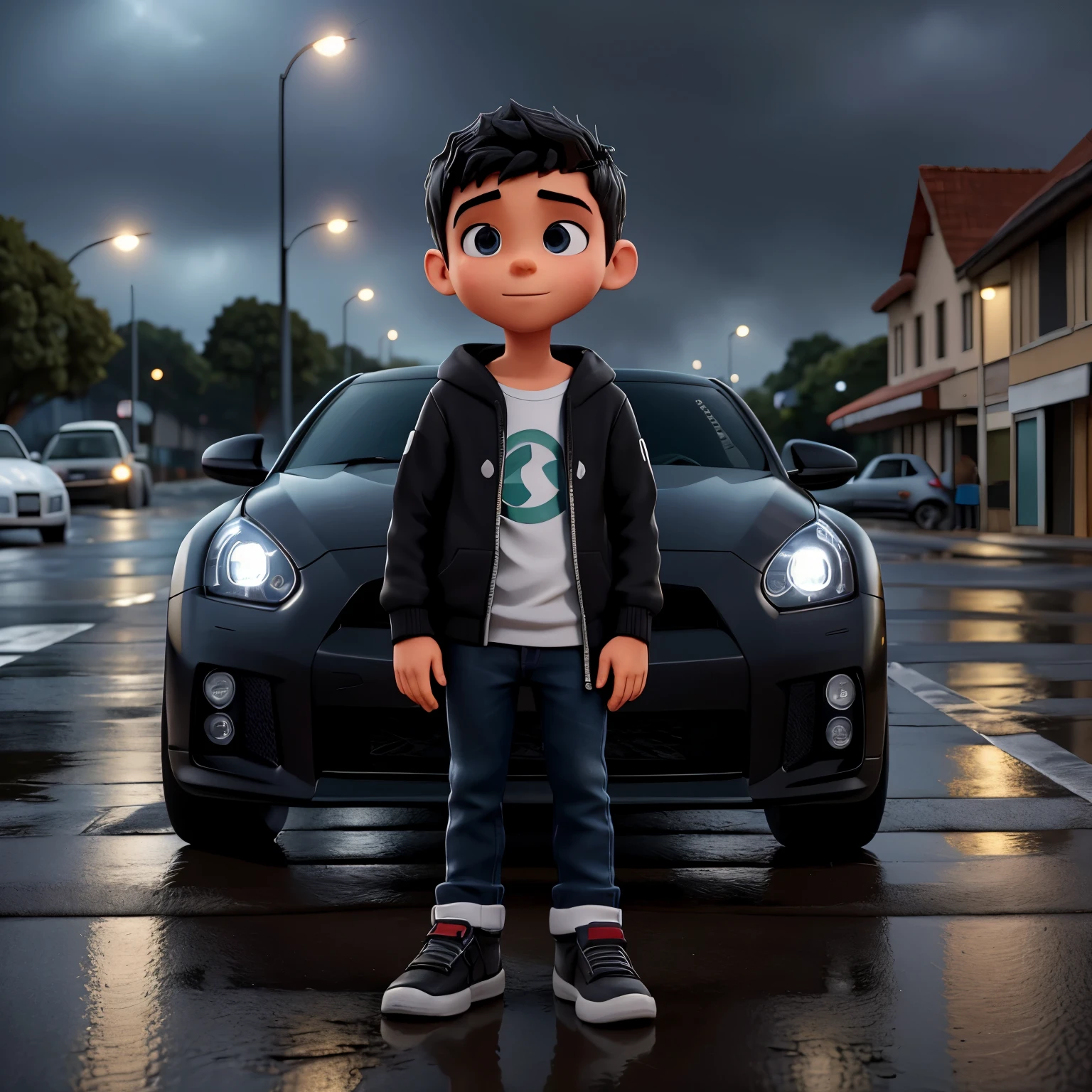 Descreva a cena de um jovem com capuz, wearing a black sweatshirt and jeans, standing on the sidewalk on a rainy night. He is looking at a shiny GTR R35 car passing on the road., Your admiration visible in your eyes. The light from the headlights reflects on the puddles of water around you, enquanto a chuva cai suavemente sobre ele. O som do motor potente ecoa no ar, misturando-se ao som da chuva. The boy remains motionless, captured by the elegance and speed of the car, dreaming of the day when you can be behind the wheel of such an impressive machine.