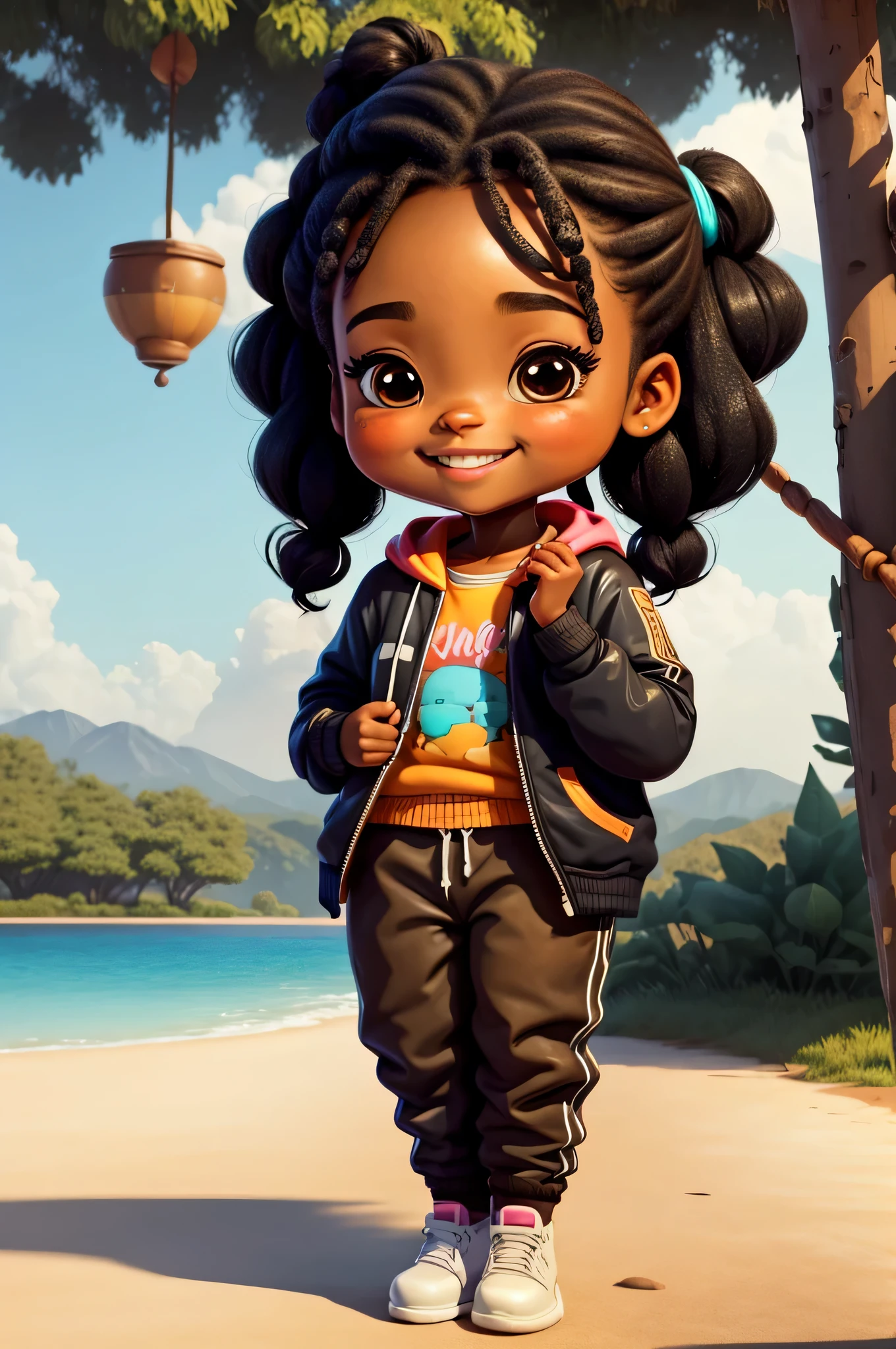  girl, coffee black skin complexion, african american, happy smile, beautiful and cute, jacket, sweatshirt, pants, park, , chibi style, brown and black two-color hair, ponytail braided hair, perfect detail eyes, delicate face, perfect CG, HD picture quality, colorful playground, sky, happy, swing, playground, grass, trees