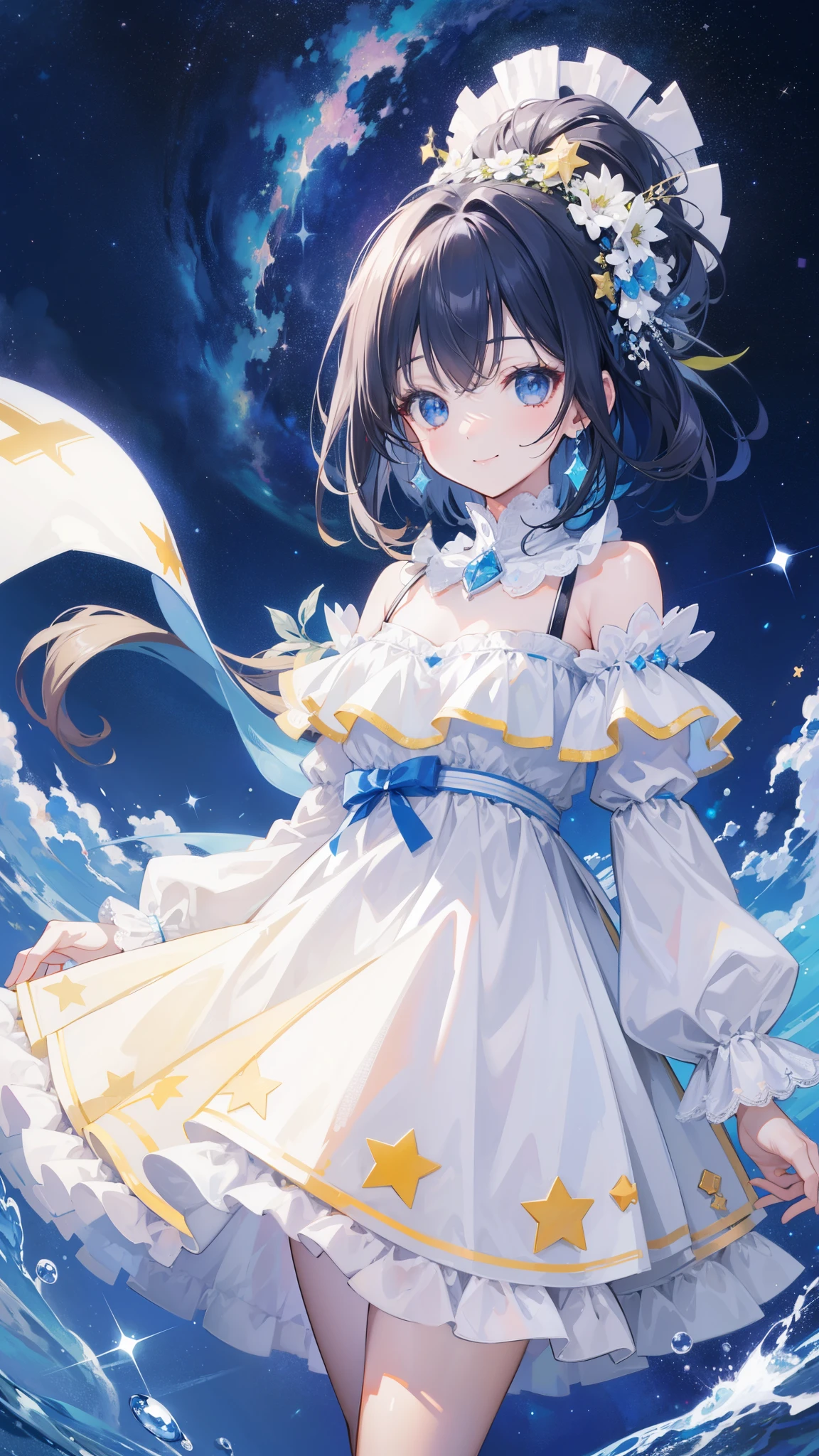 32k, highest quality, expensive_solve, clear_image, detailed background, cute girl, plain, starry sky, Beautiful modeling, smile,