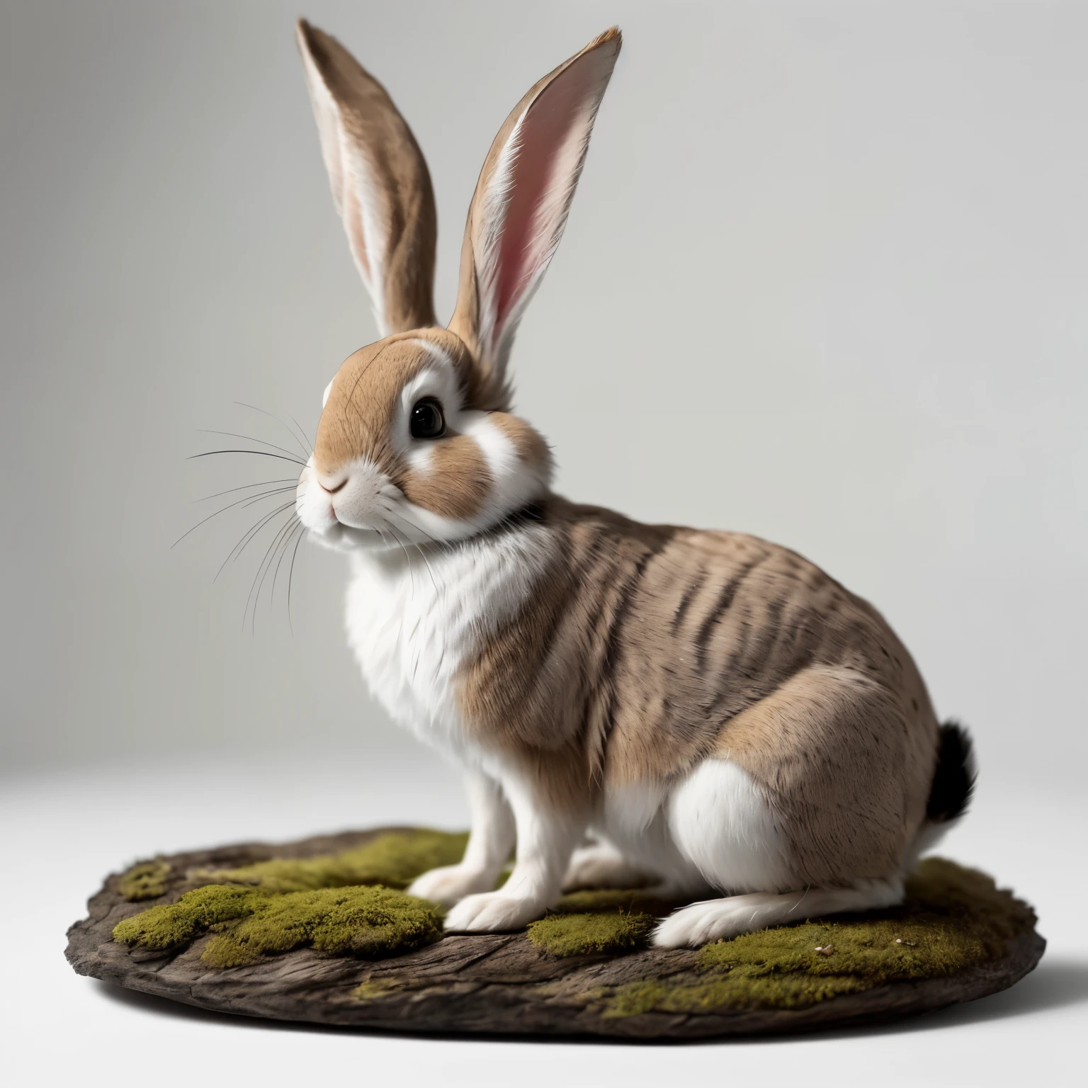 Create an exquisite 2D image of a thoughtful rabbit, with its soft brown eyes reflecting deep contemplation. The rabbit's fur, a fluffy blend of mossy green and beige hues, covers its small, round body. Its piercing black nose twitches as it ponders, adding an endearing touch of realism. The background is simple, with a subtle, muted palette, enhancing the rabbit's intricate details. This meticulously crafted, impressive piece boasts high-definition, ultra-sharp lines and a lifelike quality, guaranteed to captivate and delight.