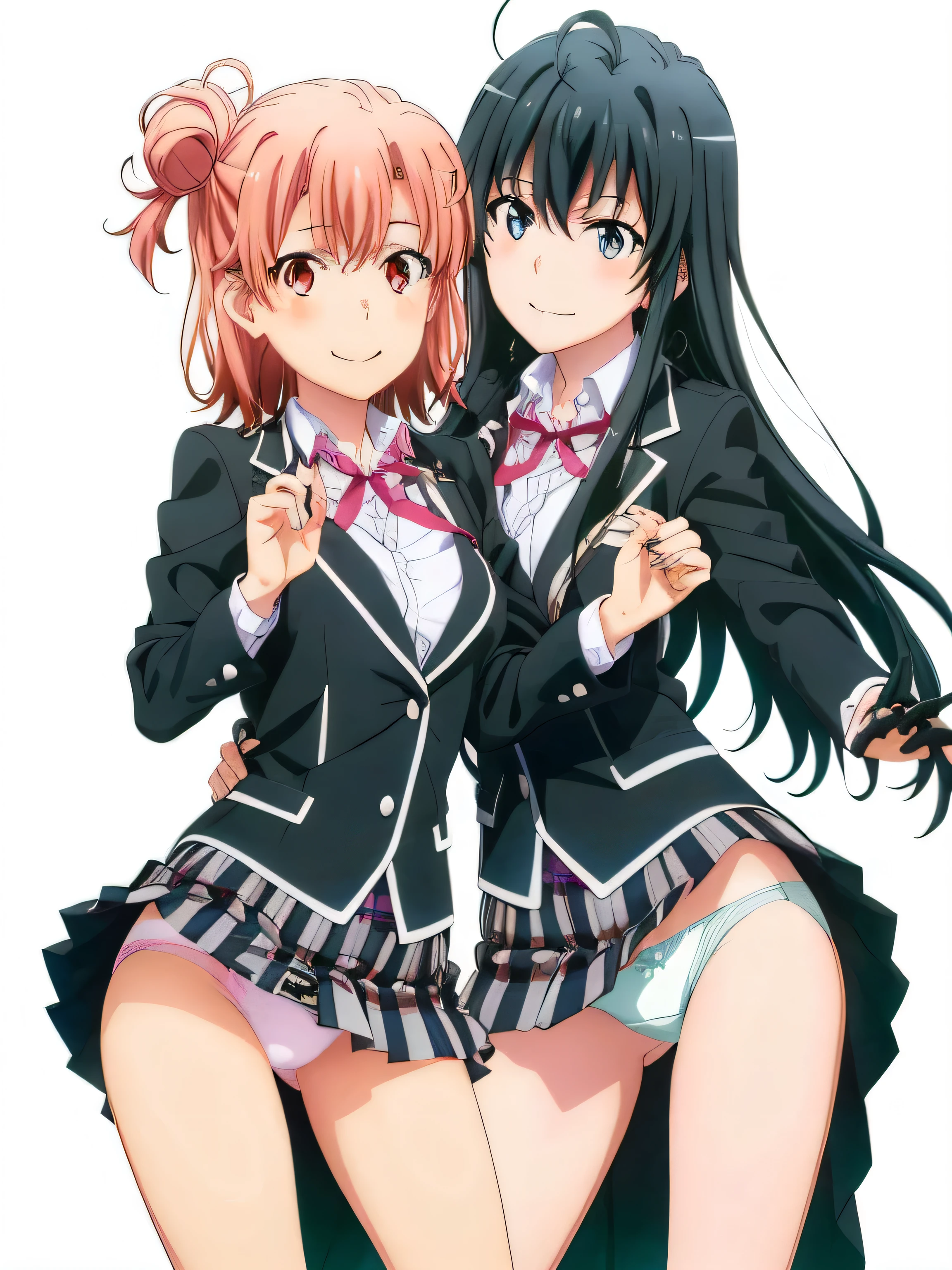 2 girls , Yukinoshita Yukino , Yuigahama Yui , waltz dance , school uniform,check skirt,((check skirt捲れる)),(white panties),(pink panties),