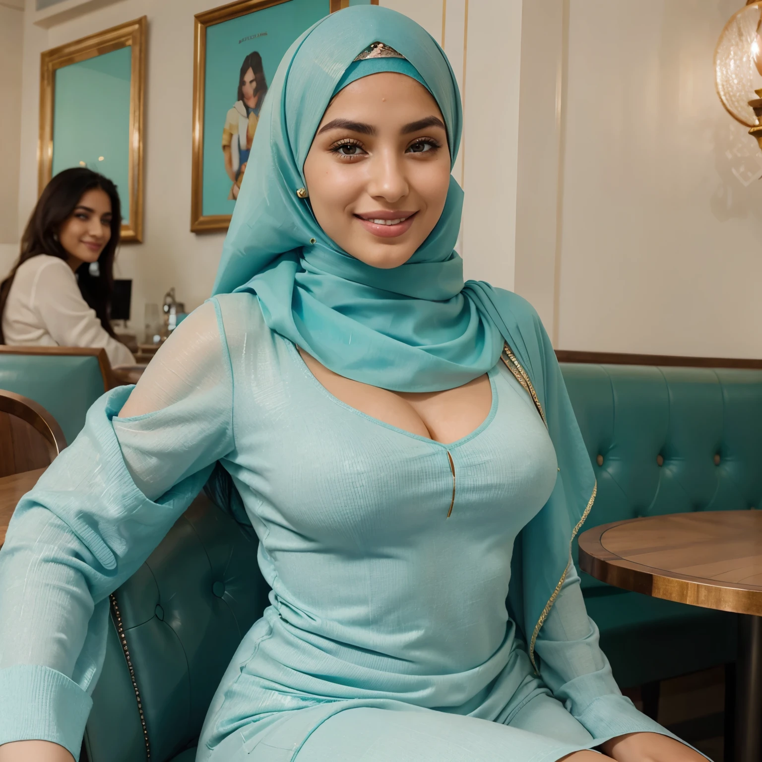 portrait photograph of a very beautiful hour glass shaped middle eastern woman with almond blue colored eyes, dark brows, pointed nose and smooth lips, beautiful smile, smiling, nose piercing, diamond earrings, dimples, attractive, close up shot, light green hijab, Gucci slippers, sitting pretty in a café, blur background, realistic, realism.