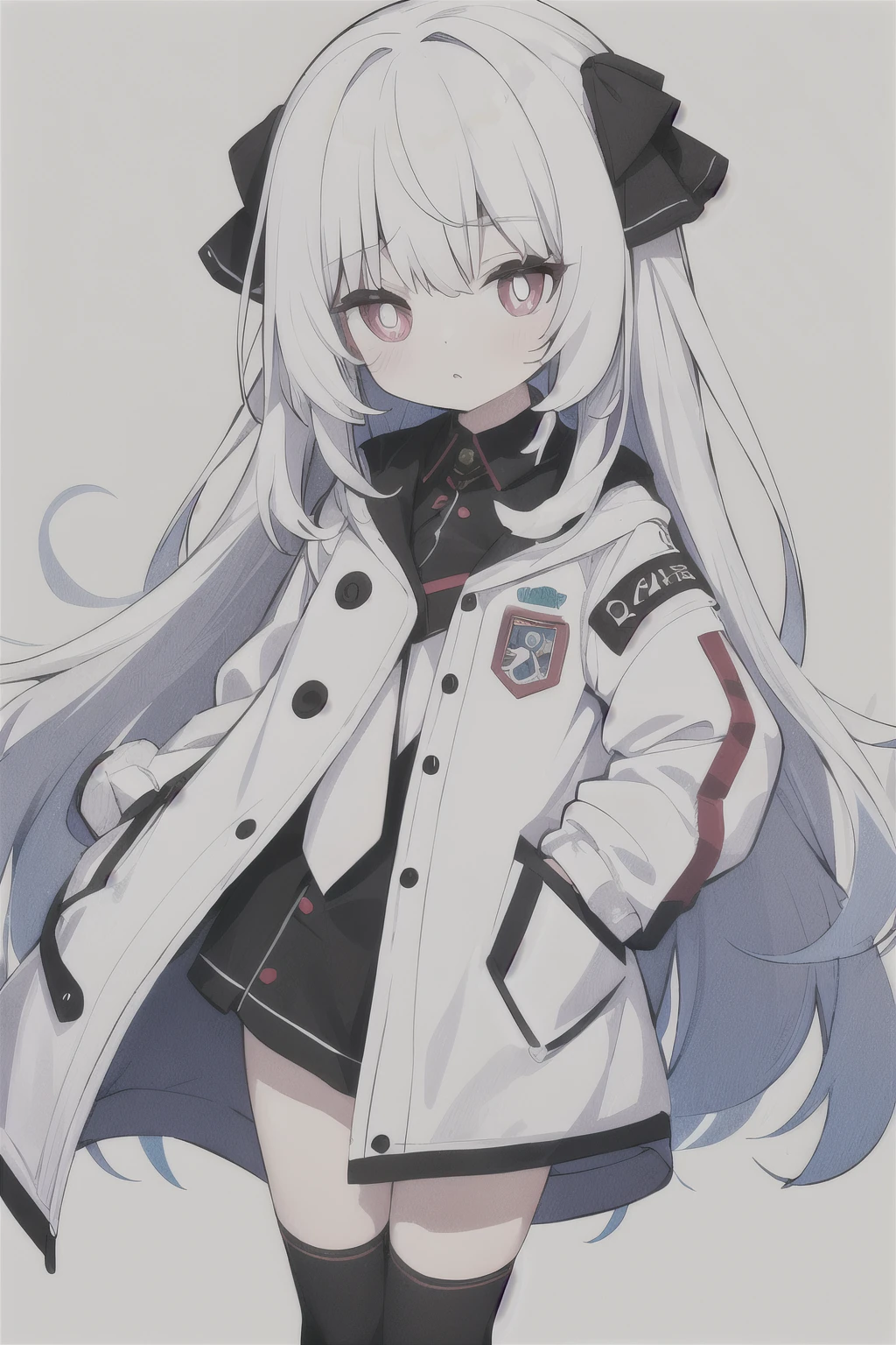 Short girl，loli，cute，Colored pupils，white coat，Show legs，Not wearing anything，long white hair，Long hair to waist