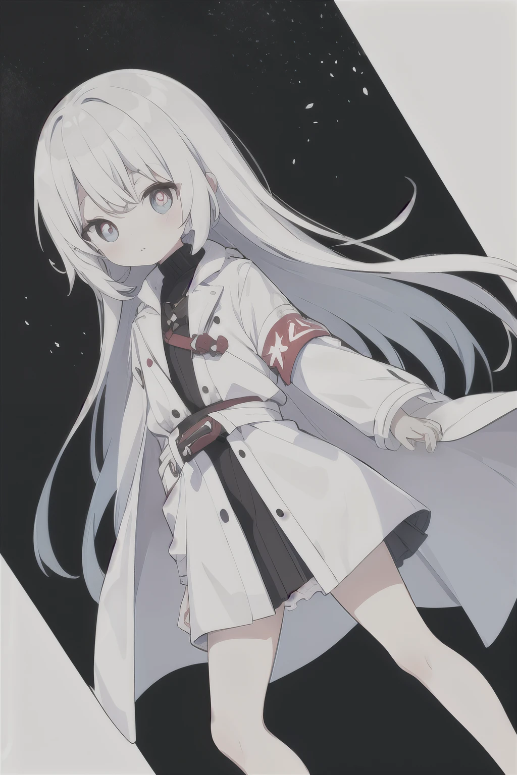 Short girl，li，cute，Colored pupils，white coat，Show legs，Not wearing anything，long white hair，Long hair to waist