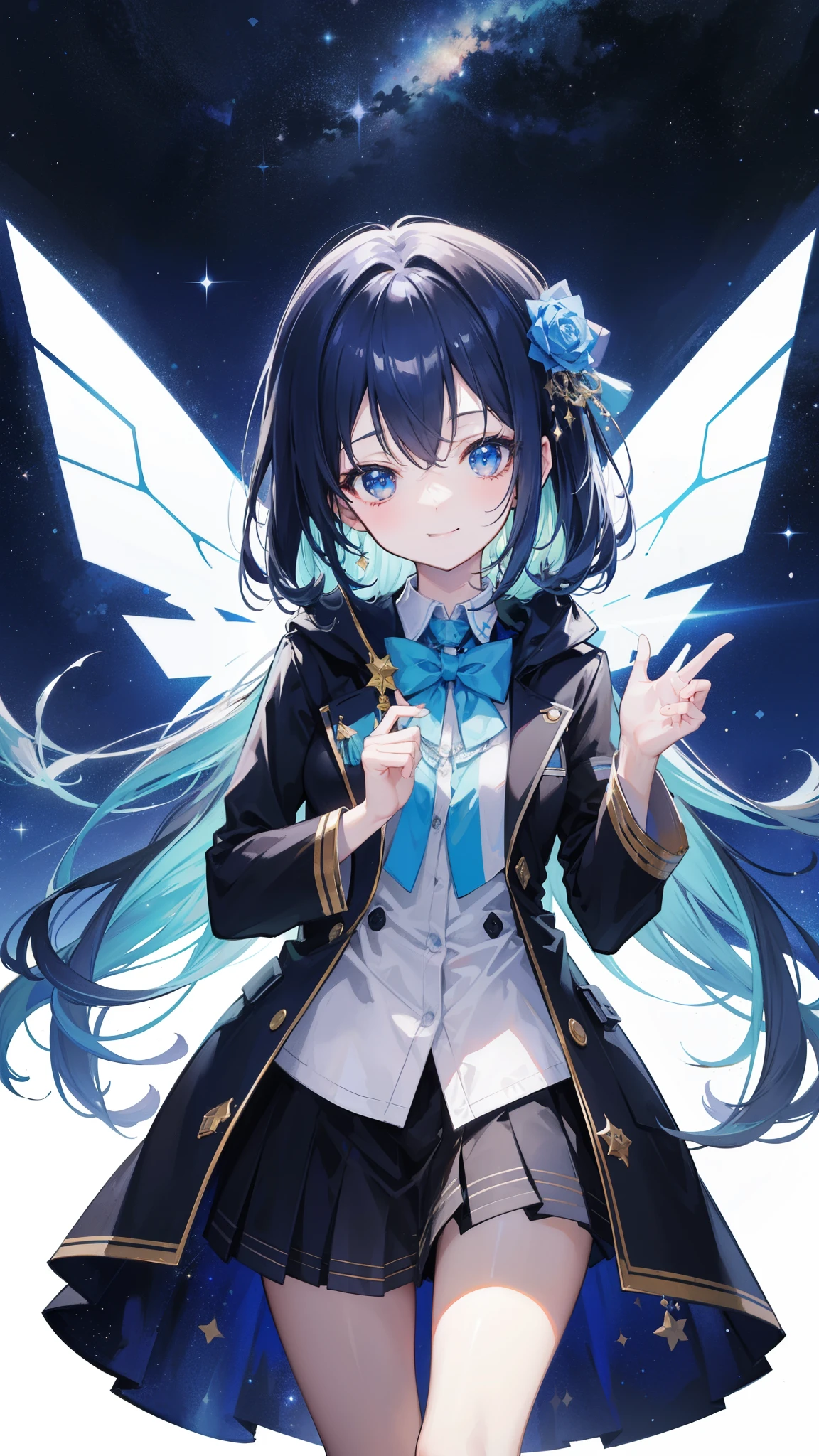 32k, highest quality, expensive_solve, clear_image, detailed background, cute girl, plain, starry sky, Beautiful modeling, smile,