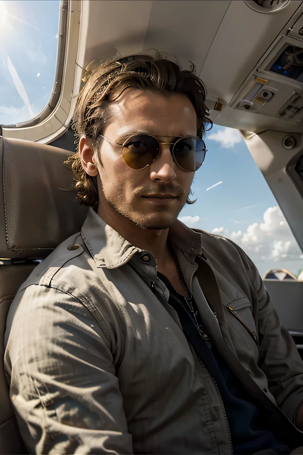 pilote d'avion dans son cokpit, homme avec des lunettes de soleil