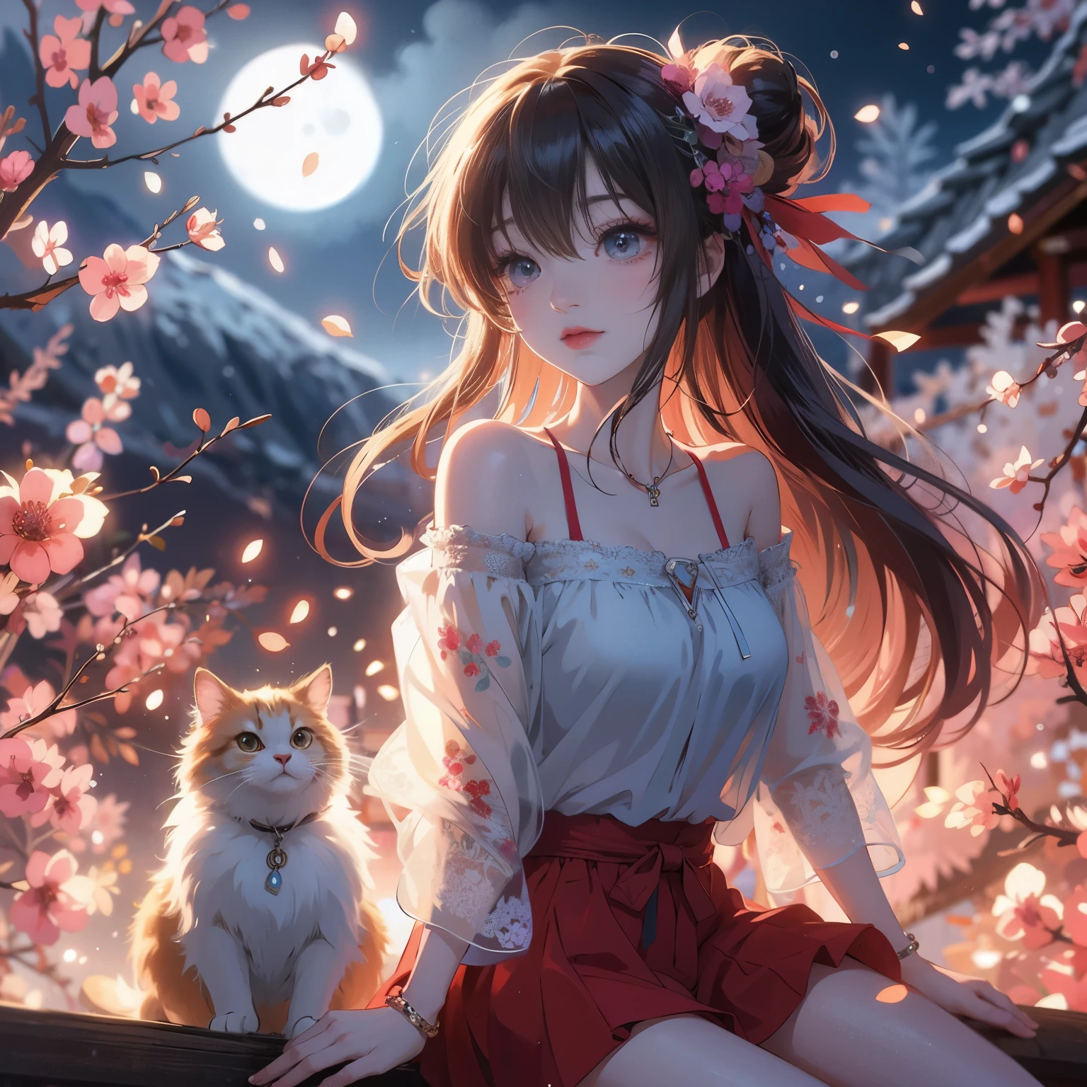 Long hair anime girl sitting on the fence with a cat, anime style 4k, beautiful Anime catsgirl, very beautiful Anime cats girl, Beautiful anime, Beautiful anime girl, night nucleus, cat ears anime girl, anime pictures, anime wallpaper 4k, anime wallpaper 4k, 4k anime wallpaper, Anime cats, anime art wallpaper 4k