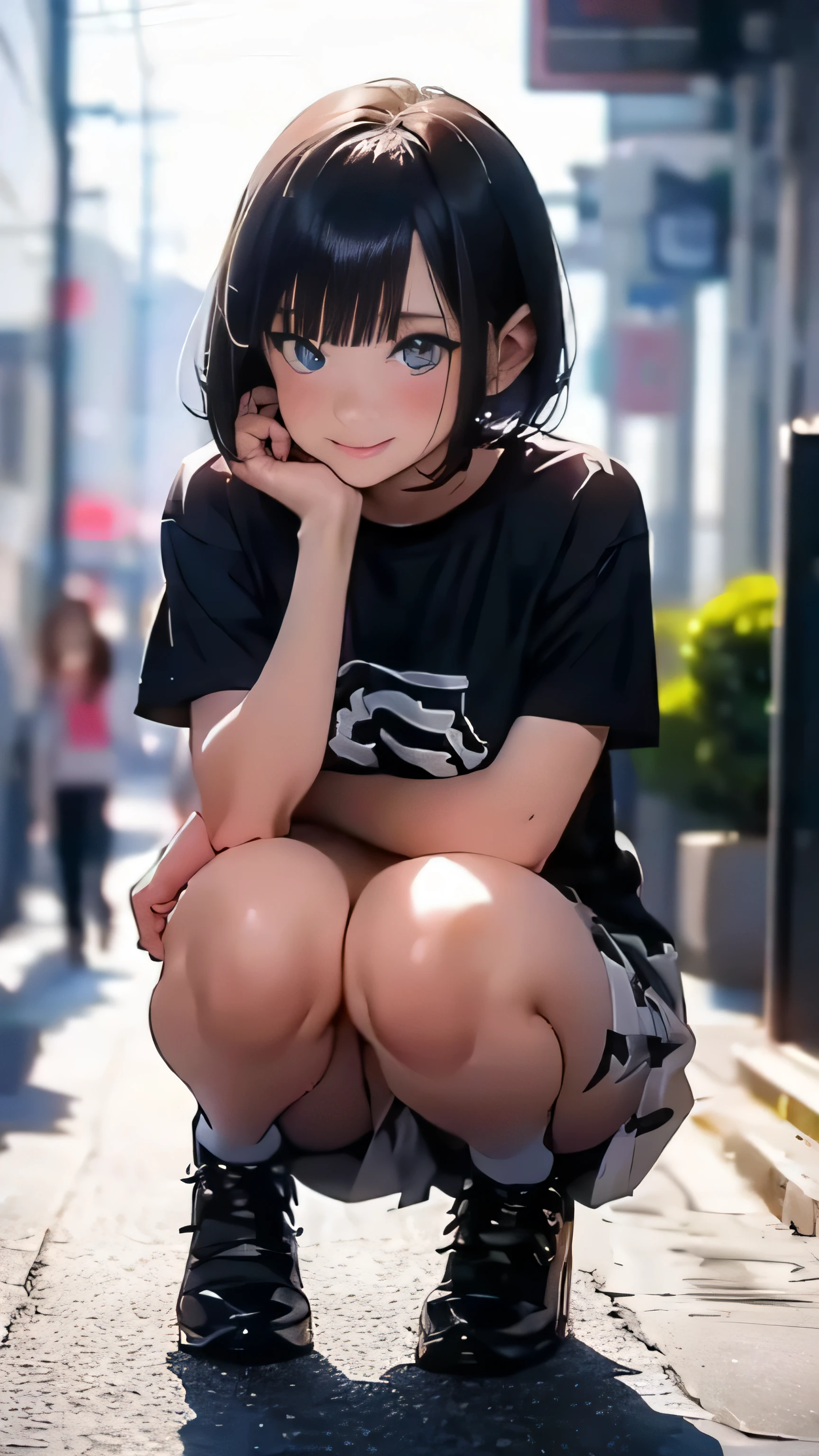 highest quality, masterpiece, woman1名, ((((alone))), whole body, squat, from below, anime, film portrait photography, woman, blue eyes, black hair, short bob hair, wearing a black T-shirt, anime, Moe art style, 8k,