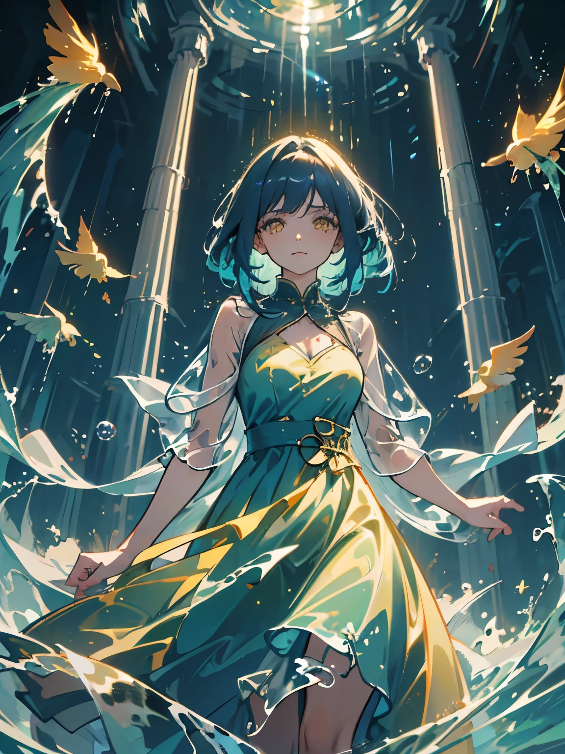 (ultra-detailed, perfect pixel, highres, best quality, beautiful eyes finely detailed), female, magic aura, yellow eyes, long hair, blue hair, flying hair, warp dress, dark blue dress, water dress, elegant, night background, moon, water, glowing light, reflection light, motion blur, 8k, super detail, accurate, best quality, Ray tracing.