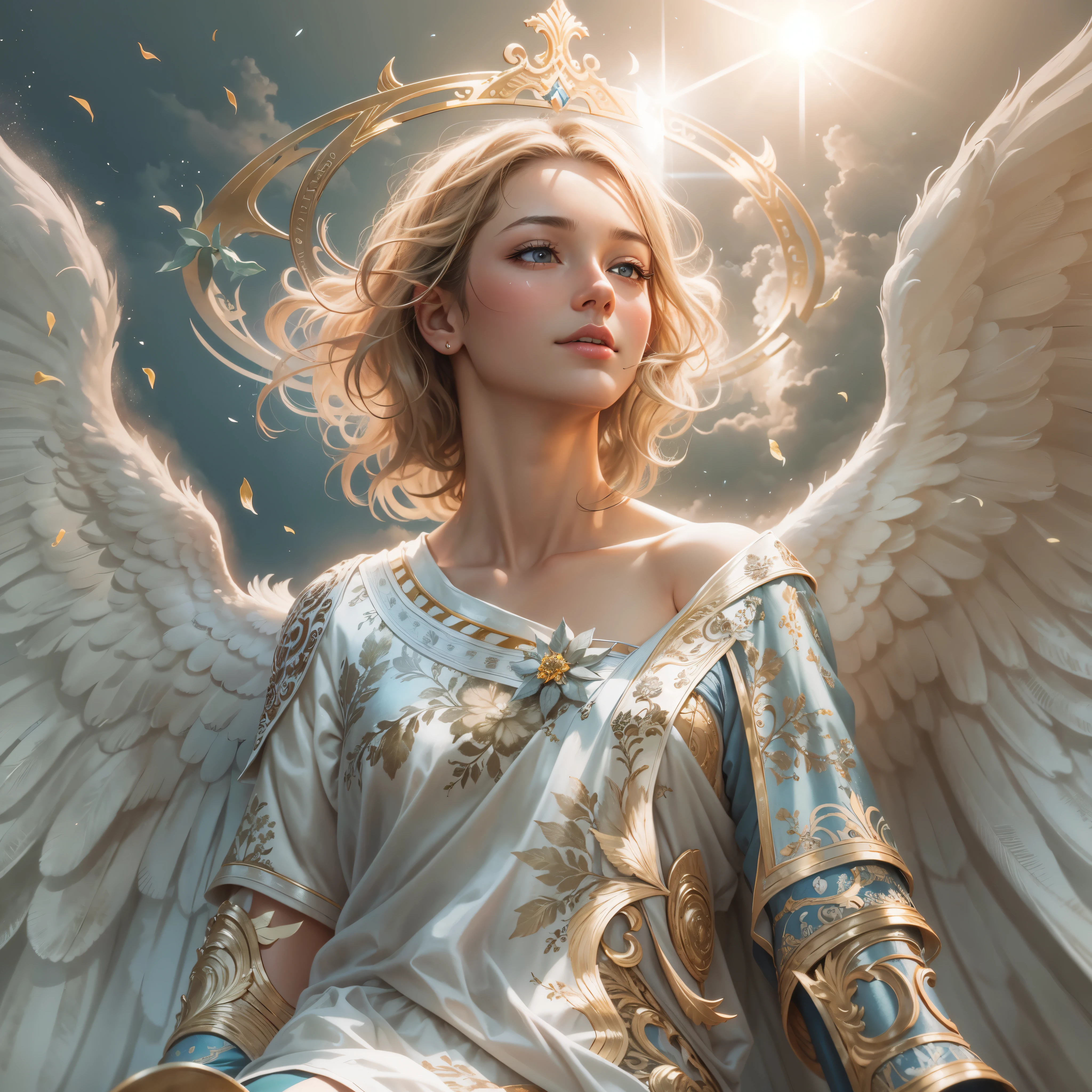 masterpiece, highest quality, 8k, real person, realistic, Very detailed CG, shiny skin, Fully focused, heaven, glory of god, shine, Angel, bless, happiness,