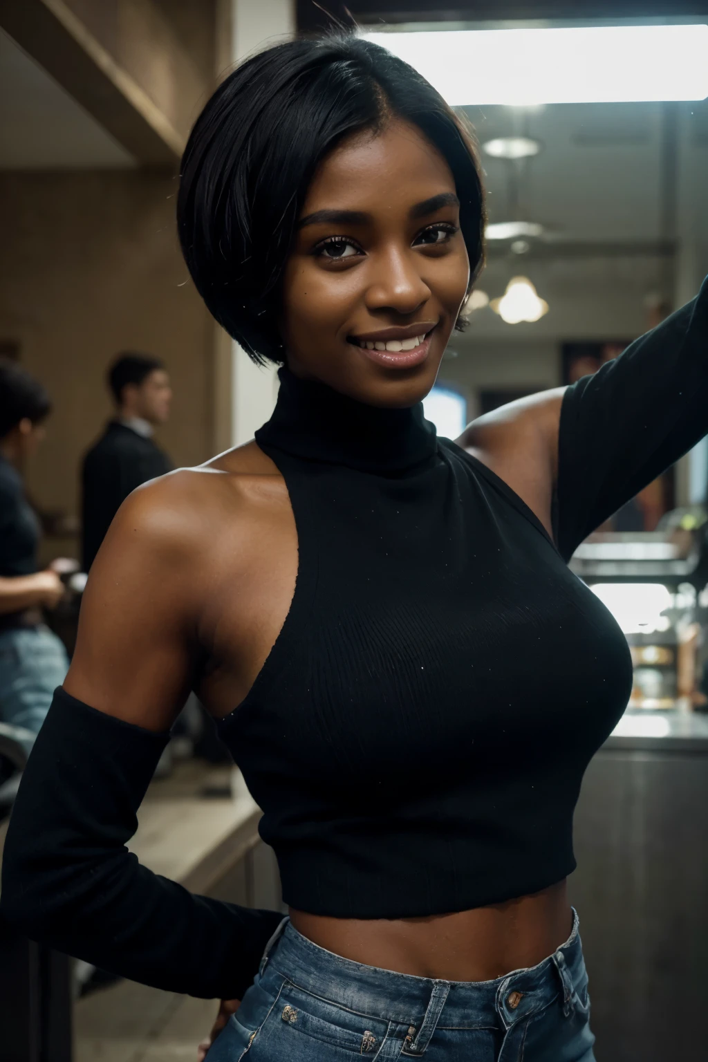 masterpiece, best quality, a dark skinned black woman wearing a detailed green turtle neck sweater with an intricate black leather jacket with blue jeans at a street party at night, short haircut, jacket off one shoulders, midriff, smile, teeth, insane ultra hires, extreme intricate details, tooth gap, round ass, big nose, (full nose:1.3), face shadow, credit card on hand, showing a credit card to the camera HDR, natural lighting, dynamic pose, Hyperrealistic, realistic lighting, hard focus, high contrast, dramatic perspective