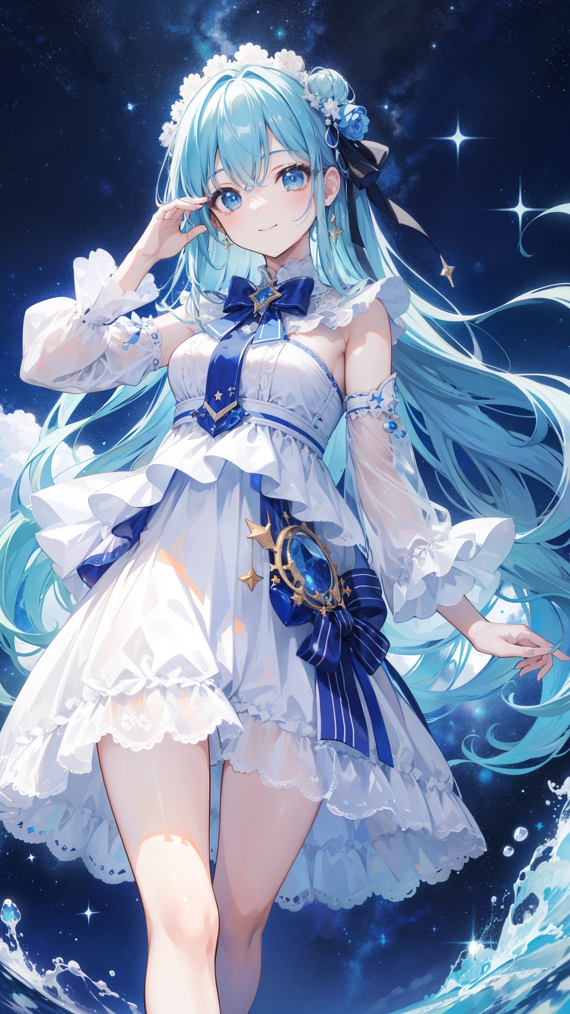 32k, highest quality, expensive_solve, clear_image, detailed background, cute girl, plain, starry sky, Beautiful modeling, smile,