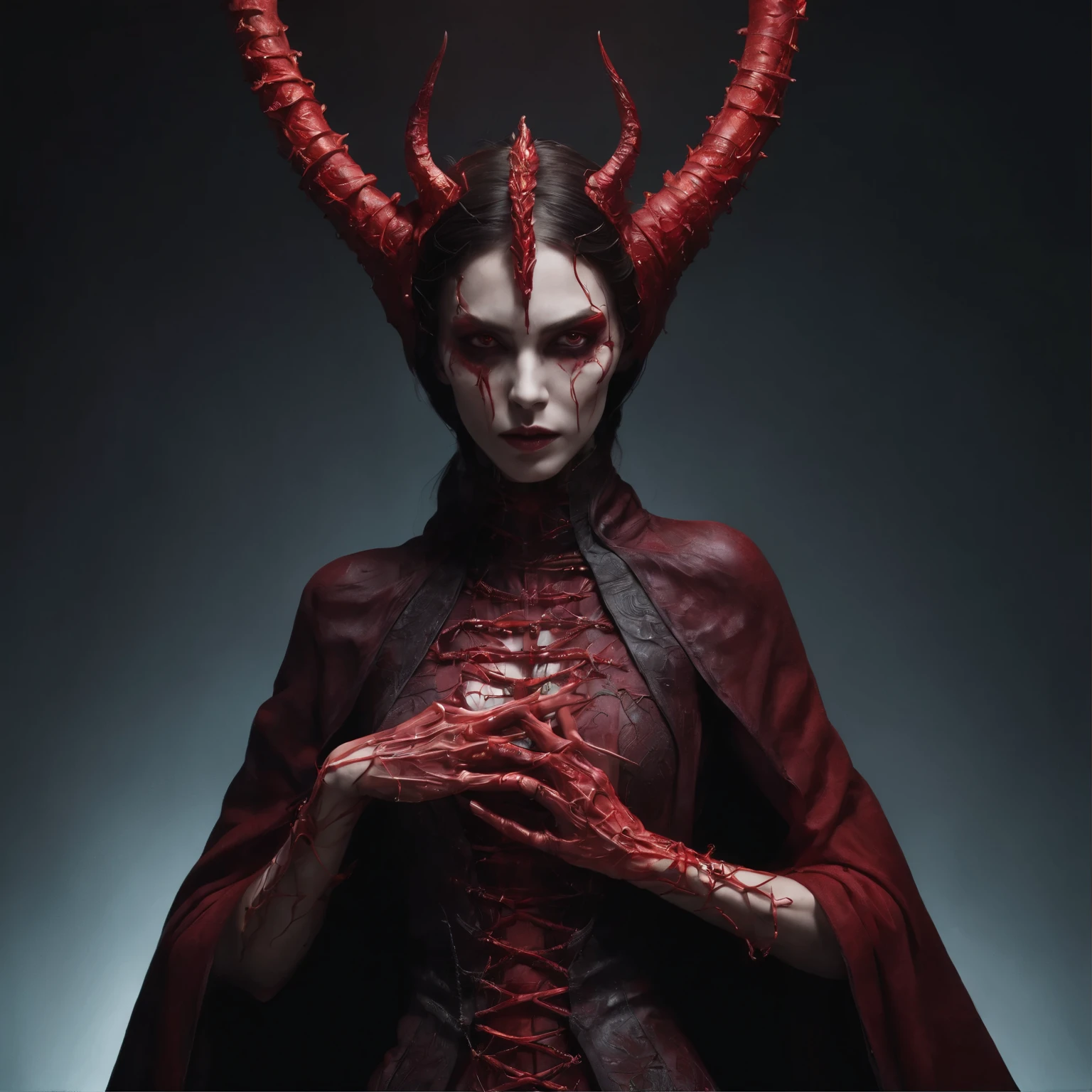 (masterpiece, extreme detail, intricate, authentic, photograph), a majestic slender demon queen made of liquid blood, she is standing in a dark chamber and is surrounded by her worshippers, she has demonic hands, regal clothes, wearing a red cloak and a hood, (red threads connect her with the surroundings:1.3), (face hidden under the hood, hidden face), (((red translucent skin:1.2))), bones under the skin, her body is lean tall and thin, imposing, powerful stance, dark image, backlight, (light from above:1.1),