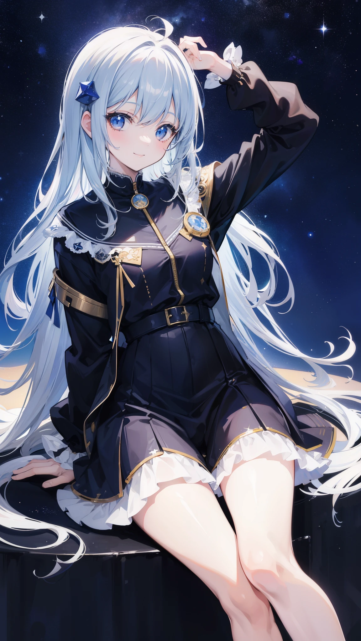 32k, highest quality, expensive_solve, clear_image, detailed background, cute girl, plain, starry sky, Beautiful modeling, smile,