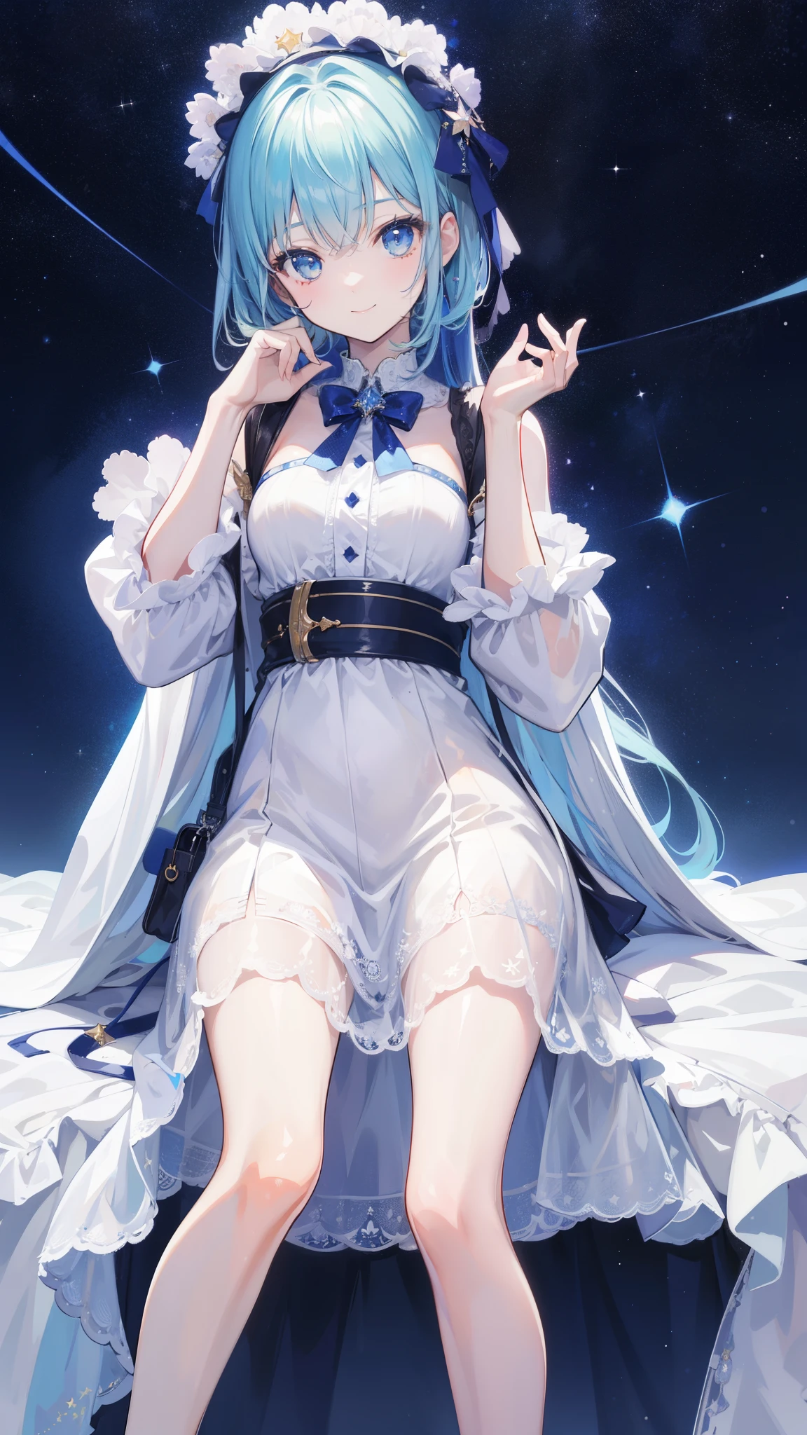 32k, highest quality, expensive_solve, clear_image, detailed background, cute girl, plain, starry sky, Beautiful modeling, smile,