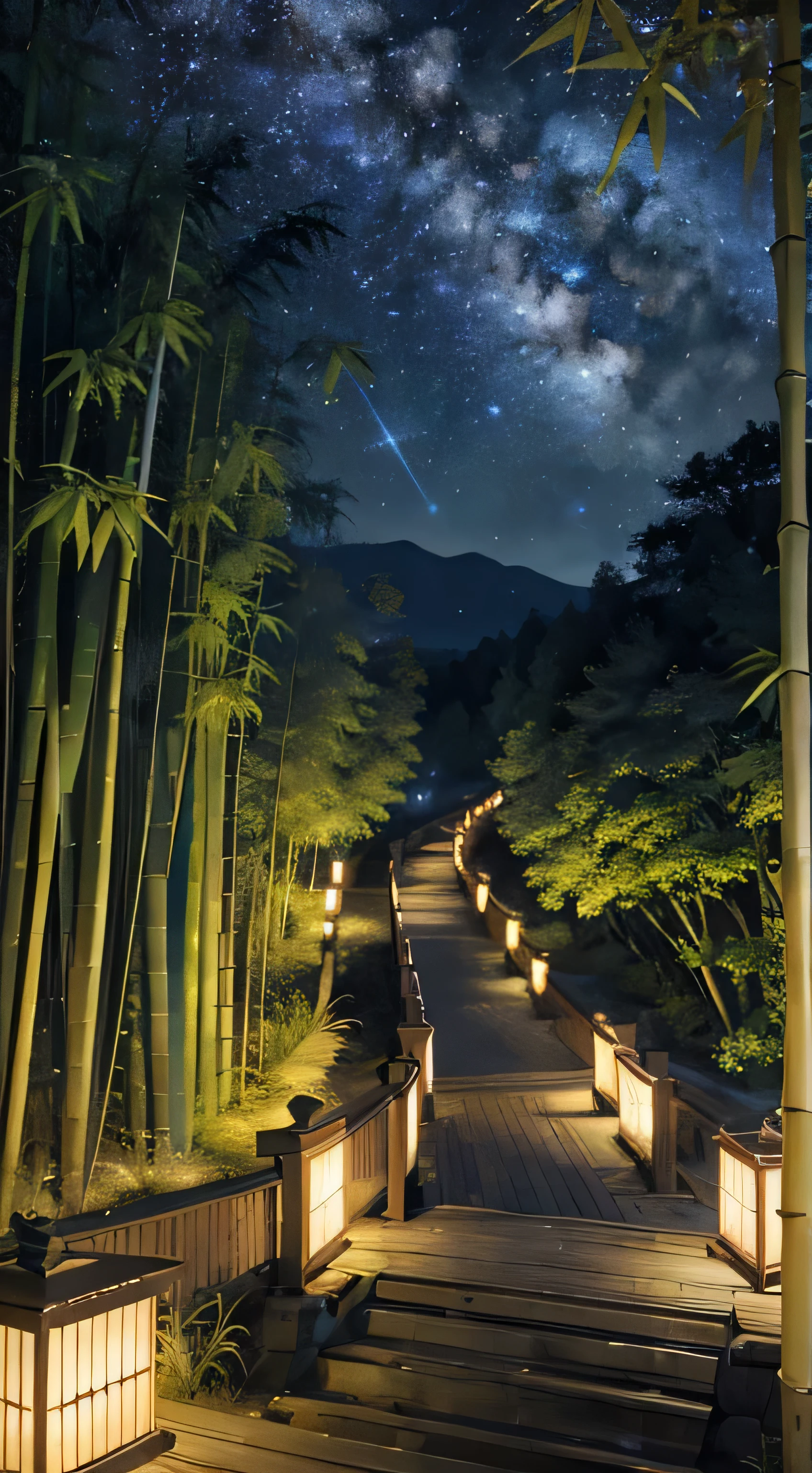 The enchanting beauty of Kyoto, 静かなbamboo forestと曲がりくねった道、enchanting star. 私たちDesign ofは、A testament to the incredible synergy of Kyoto&#39;Natural beauty and heavenly wonders。. bamboo forestの小道を散策, Dark-colored bamboo shoots create a tranquil atmosphere. overhead, the night sky is bright, Each one further enriches the heavenly scenery. This magical moment when the earthly and heavenly realms merge in harmony... paying meticulous attention to detail, Expressing the delicate texture of bamboo leaves and the brightness of stars. A design that creates a mysterious atmosphere, The quiet beauty of Kyoto&#39;bamboo forest、breathtaking starry sky. 「Kyoto&#39;bamboo forest and starry sky along the path」Design of, A place where nature and the universe blend in perfect balance. Super detailed, advanced details, high quality, Awards, 最high quality, High resolution, 16k, 8k,Light illuminating the road、