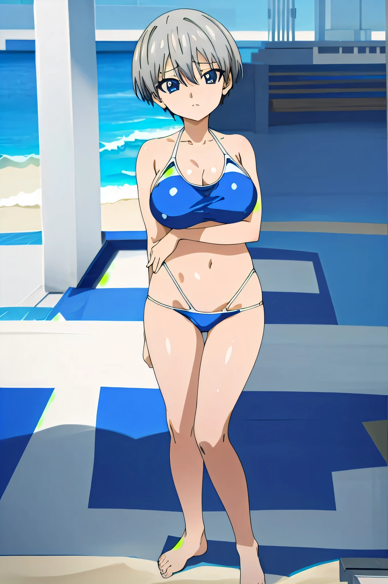 1 girl,short hair,blue eyes,bangs,gray hair,hair between eyes,big breasts,NSFW,bikini_swimsuit,exquisite visuals, masterpiece, 8k, High resolution, high quality＿Anime image quality, full body shot, 