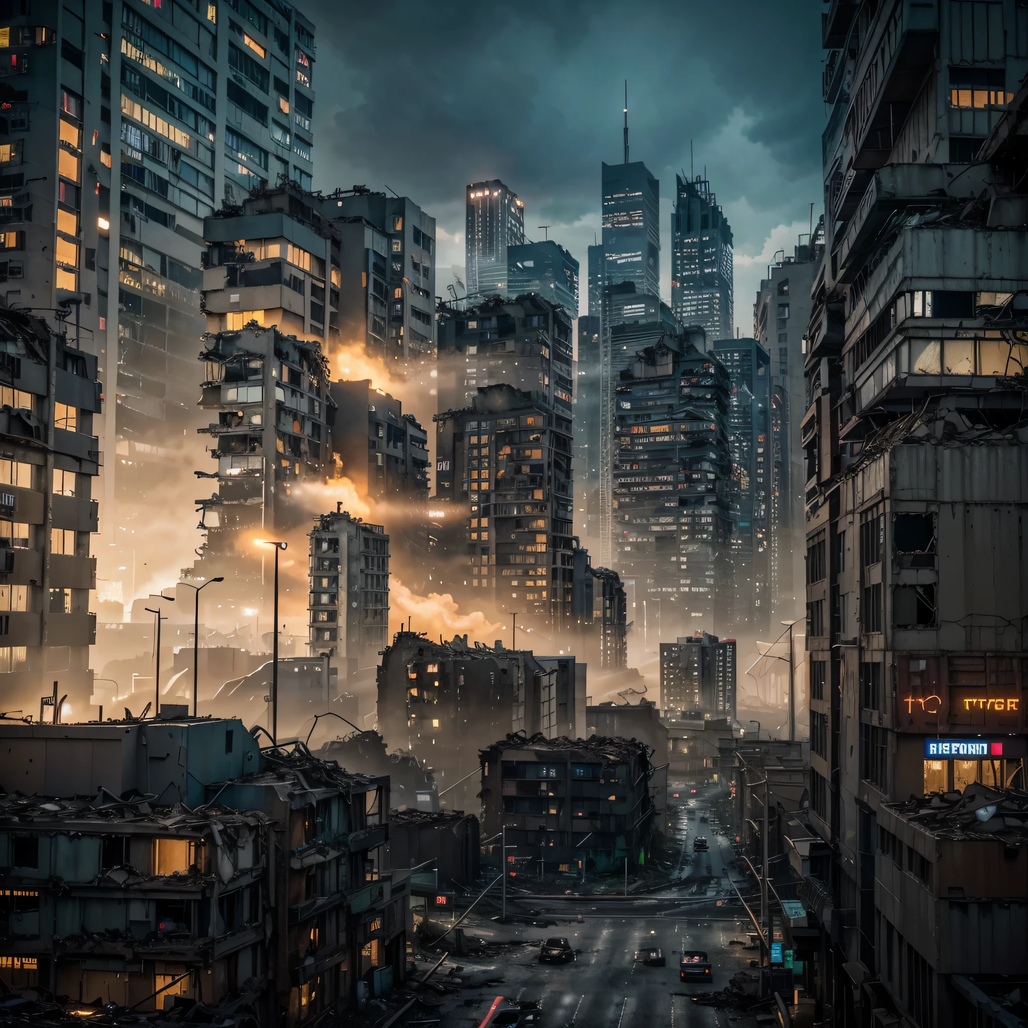 Create a hyperrealistic, 8K UHD urban dystopia. Picture a gritty, post-apocalyptic cityscape, where towering skyscrapers crumble, nature reclaims the streets, and neon lights flicker amidst the ruins. Let the image evoke a sense of desolation, mystery, and the relentless force of nature.