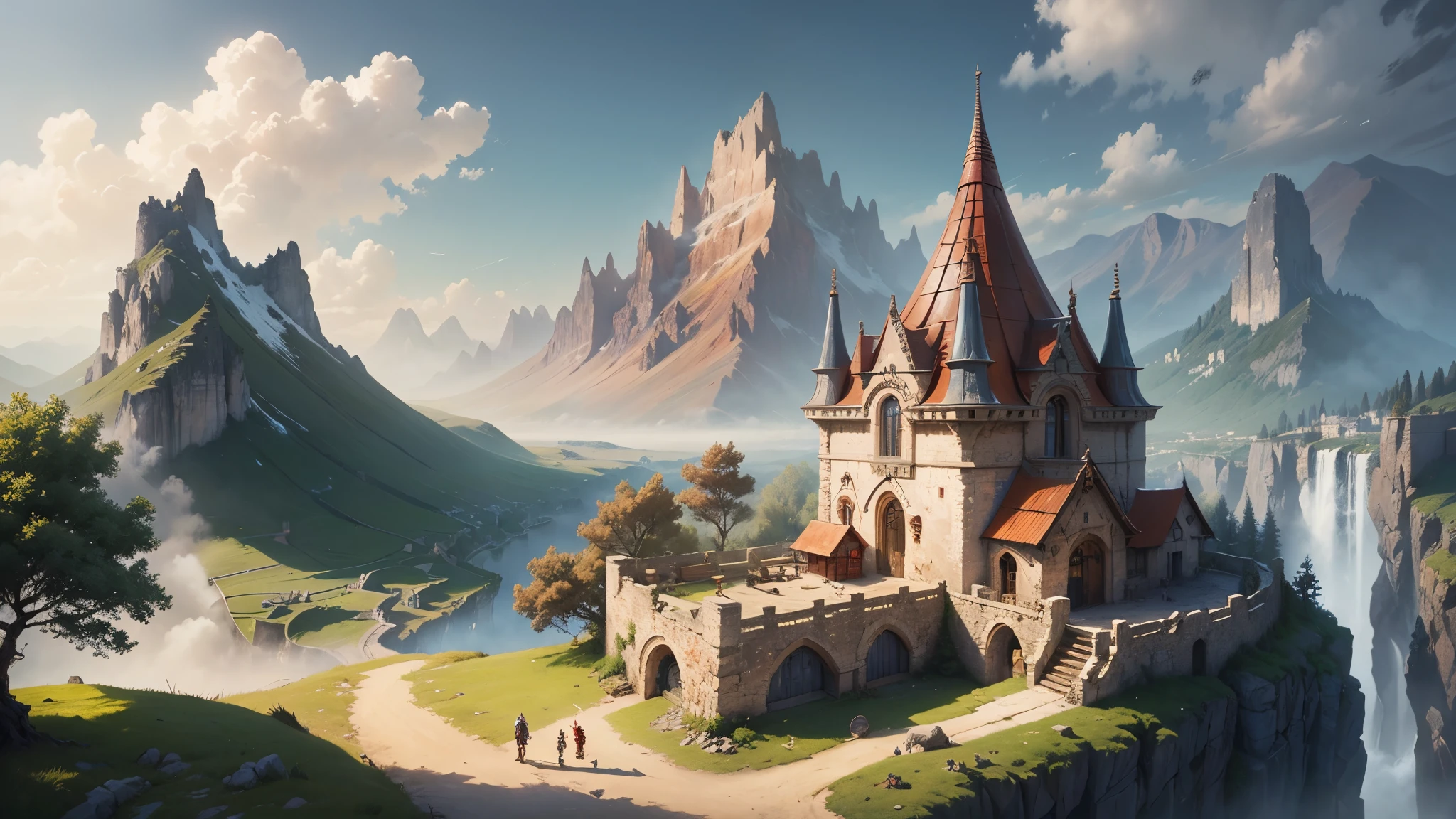 medieval city, fantasy, D&D, concept art, sharp focus, trending on artstation, digital painting, midday, sunny, beautiful, texture, wizards of the coast, tabletop, roleplay, stone and wooden building materials, european culture, mountains, (red roof:1.2), trees, bushes, mill
