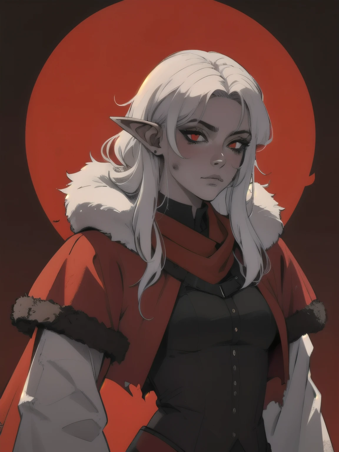 Character design sheet, same character, front, side, back), Masterpiece, best quality, 8k, dramatic lighting, 1girl, (((colorless skin, white skin))), white hair, solo, (long hair, straight hair), red eyes, snake eyes, pointed ears, red eyeliner, looking at viewer, black leather vest, red hair streaks, dark background, upper body, small breasts, albino,(mature female, eye wrinkles), ((ragged clothes, long sleeve red wool scarf, torn clothes, dark gray clothes, fur lined hood, wearing rags, red cloak)), ((dirty clothes))