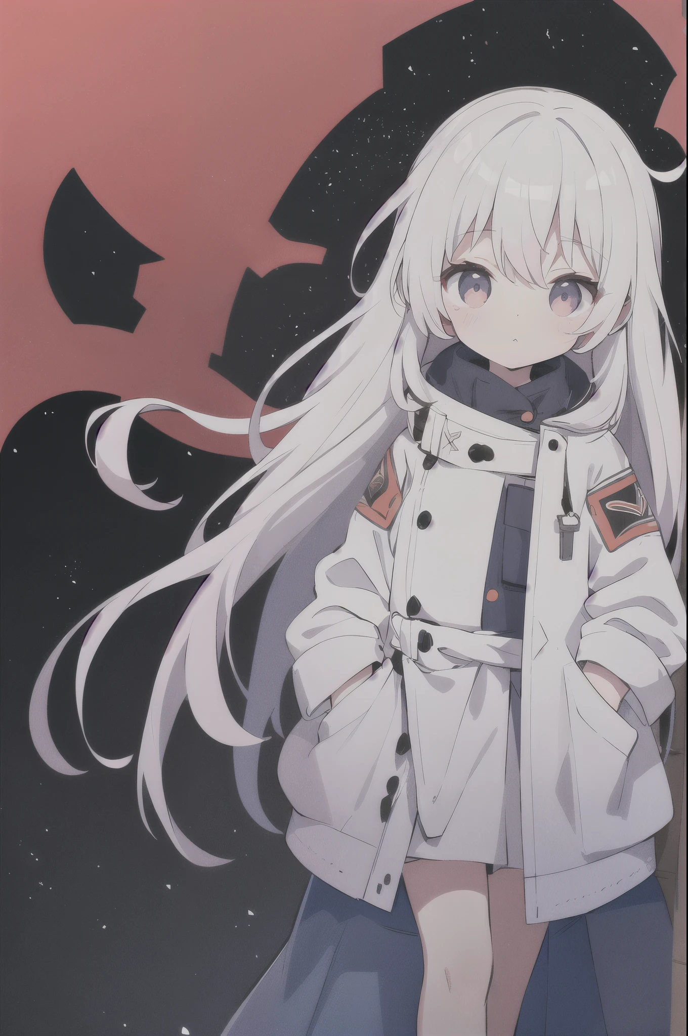 loli,Short girl,Eyes like stars,cute,Not wearing anything,long white hair,Long hair to waist,Wear a white coat,Pocket