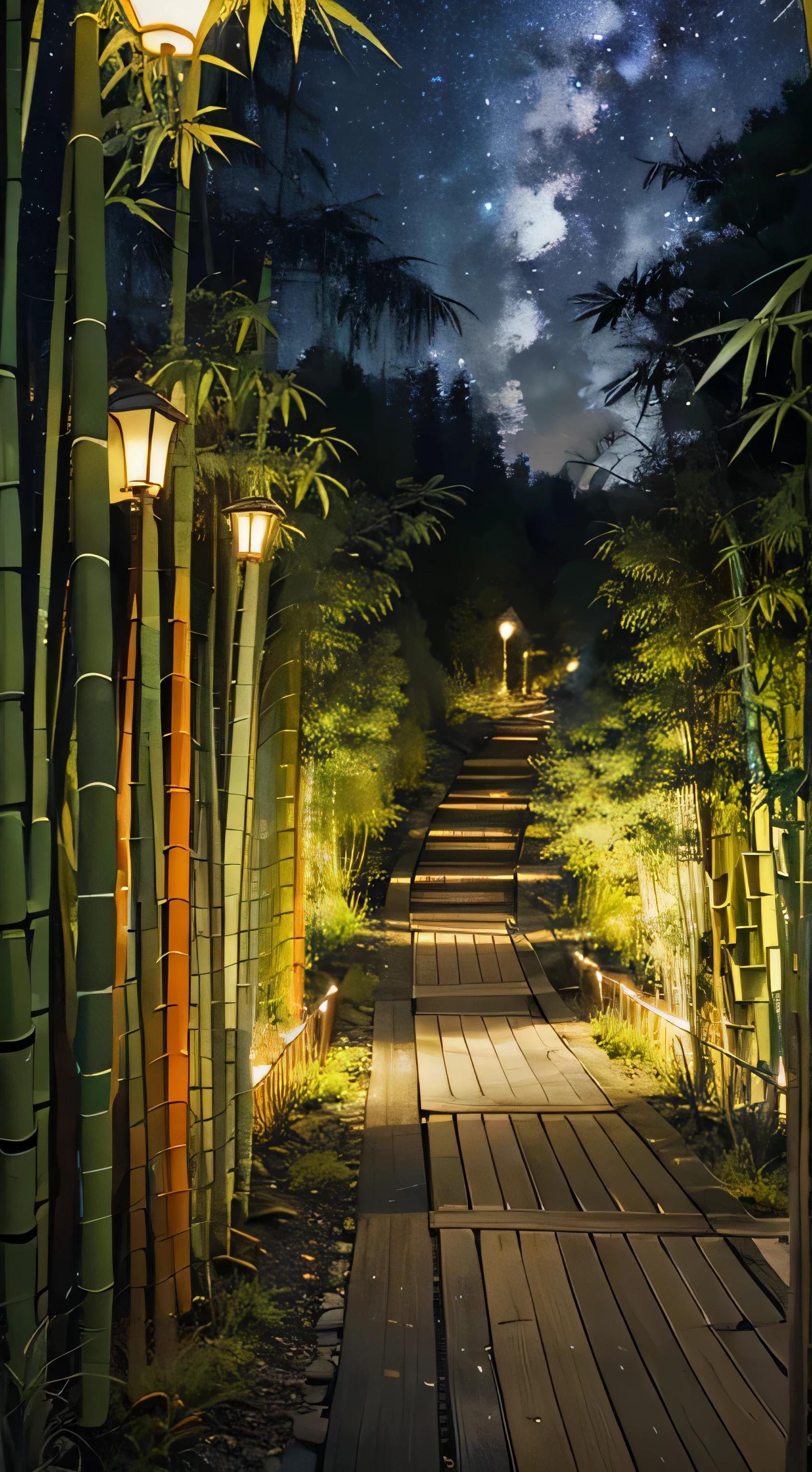 The enchanting beauty of Kyoto, 静かなbamboo forestと曲がりくねった道、enchanting star. 私たちDesign ofは、A testament to the incredible synergy of Kyoto'Natural beauty and heavenly wonders。. bamboo forestの小道を散策, Dark-colored bamboo shoots create a tranquil atmosphere. overhead, the night sky is bright, paying meticulous attention to detail, Expressing the delicate texture of bamboo leaves and the brightness of stars. A design that creates a mysterious atmosphere, The quiet beauty of Kyoto'bamboo forest、breathtaking starry sky. 「Kyoto'bamboo forest and starry sky along the path」Design of, A place where nature and the universe blend in perfect balance. Super detailed, advanced details, high quality, Awards, 最high quality, High resolution, 16k, 8k,light of lighting illuminating the road、There are no buildings、bamboo forest間の照明、gorgeous bamboo color、The green of the bamboo is bright and beautiful.、orange lights illuminate the way、The contrast between the green bamboo and the orange lighting is beautiful.、