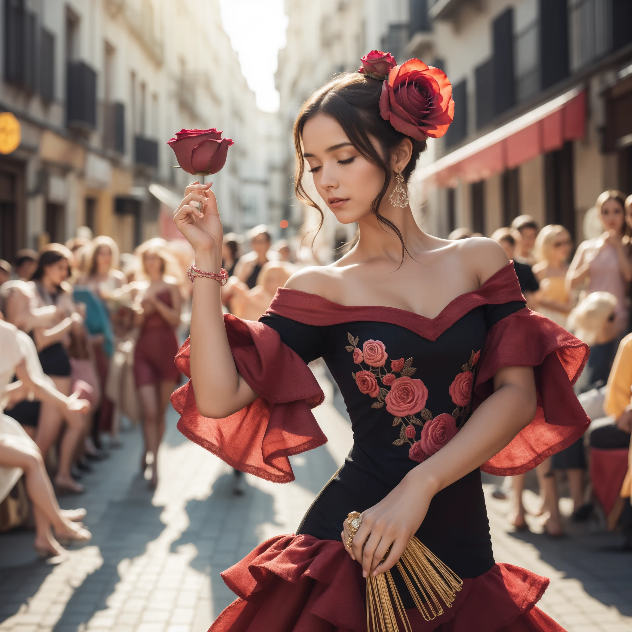 (masterpiece, best quality:1.2), (1girl, solo), Spanish girl, 20years old, upper body, rose hair ornament, (closing eyes, aroused, blush), rose lips, (dance costume, rose embroidery), holding maracas, (dancing on the street, flamenco), cobblestone road, crowd