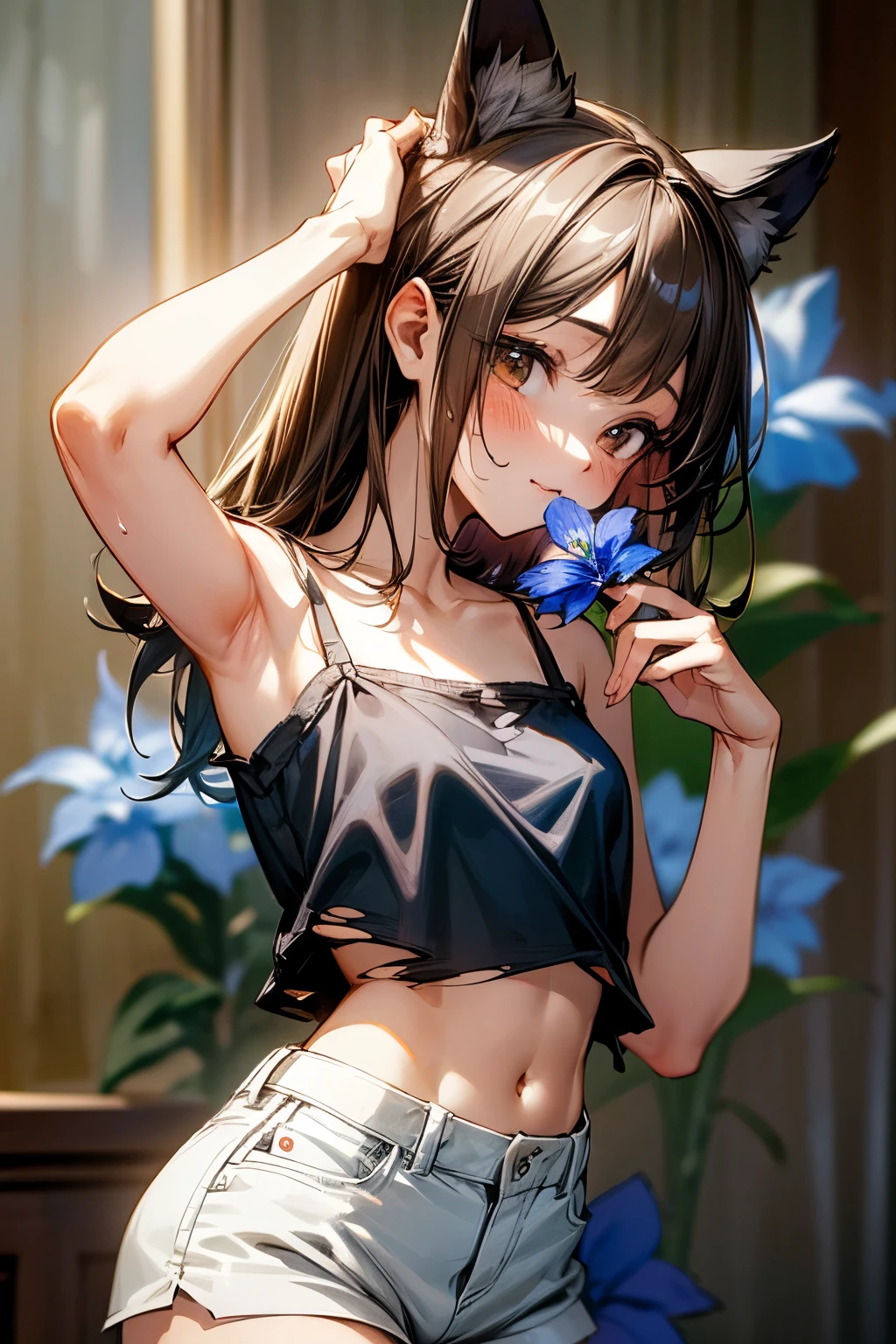 ((Masterpiece)), (Anime:1.3), ((best quality)), (RAW photo: 1.2), (High Definition:1.3), (Professional Photography:1.2), (), 8K, from side, (Glossy lips), Textured skin, cinematic lighting, ((exposed stomach)), 1girl, Cute teenage beaul Girl, (beautiful brown eyes), details of Very unruly hair, medium hair, ((very torn white camisole)), (linen short pants:1.3), (smile), Slender body, small breasts, sweaty, Beautiful small breasts, Cat ears, Pale brown hair, ((holding on the blue flower)), slum townscape,