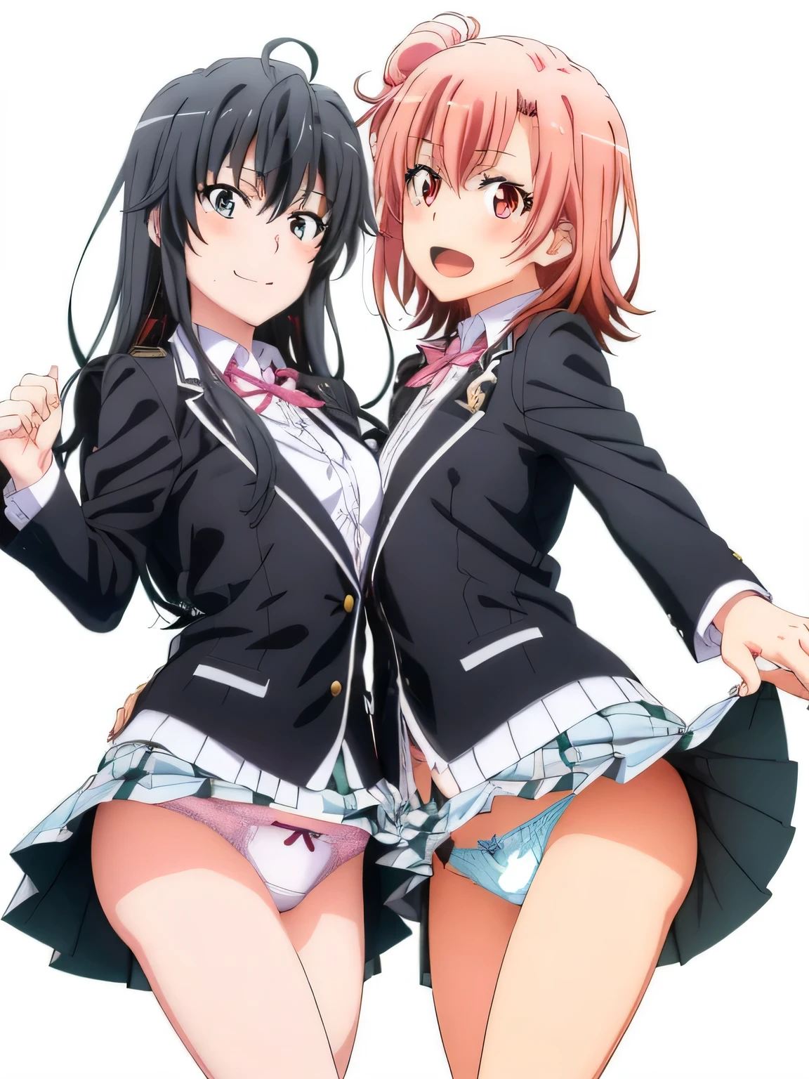 2 girls , Yukinoshita Yukino , Yuigahama Yui , waltz dance , school uniform,check skirt,((check skirt捲れる)),(white panties),(pink panties),