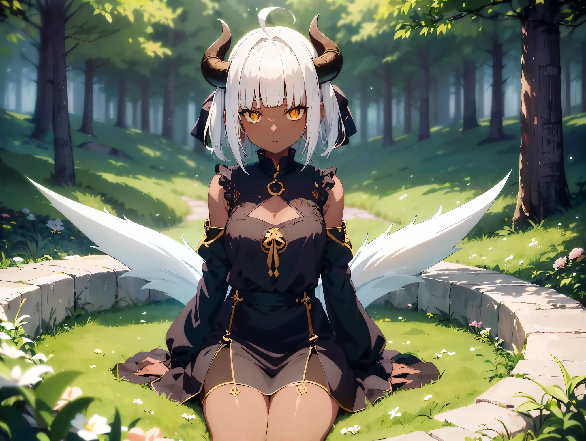 Cimematic vision, nigth, ((1girl)), (lolita), ((((Dark skin)))), ((((short white hair)))), (((blunt bangs))), yellow eyes, ((cabelo emaranhado)), ((((no expression)))), Sonolenta, ((ahoge)), ((black horns)), ((((wearing only black tunic)))), desleixada, ((melhor qualidade)), ((obra de arte)), (detalhado), rosto perfeito, ((style novel)), ((in forest)), cores beautiful, ((((style anime Shikimori-san))))