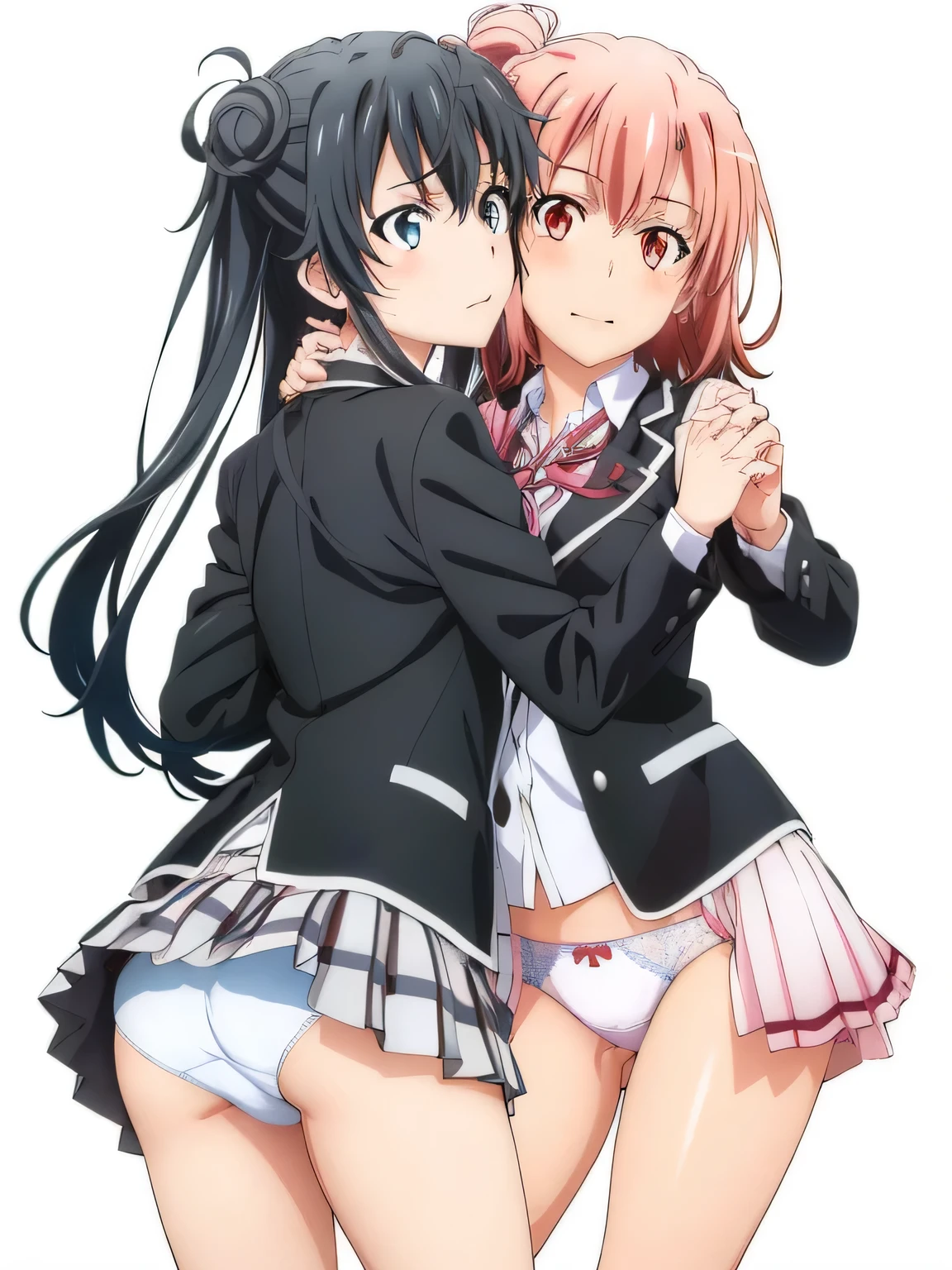 2 girls , Yukinoshita Yukino , Yuigahama Yui , waltz dance , school uniform,check skirt,((check skirt捲れる)),(white panties),(pink panties),