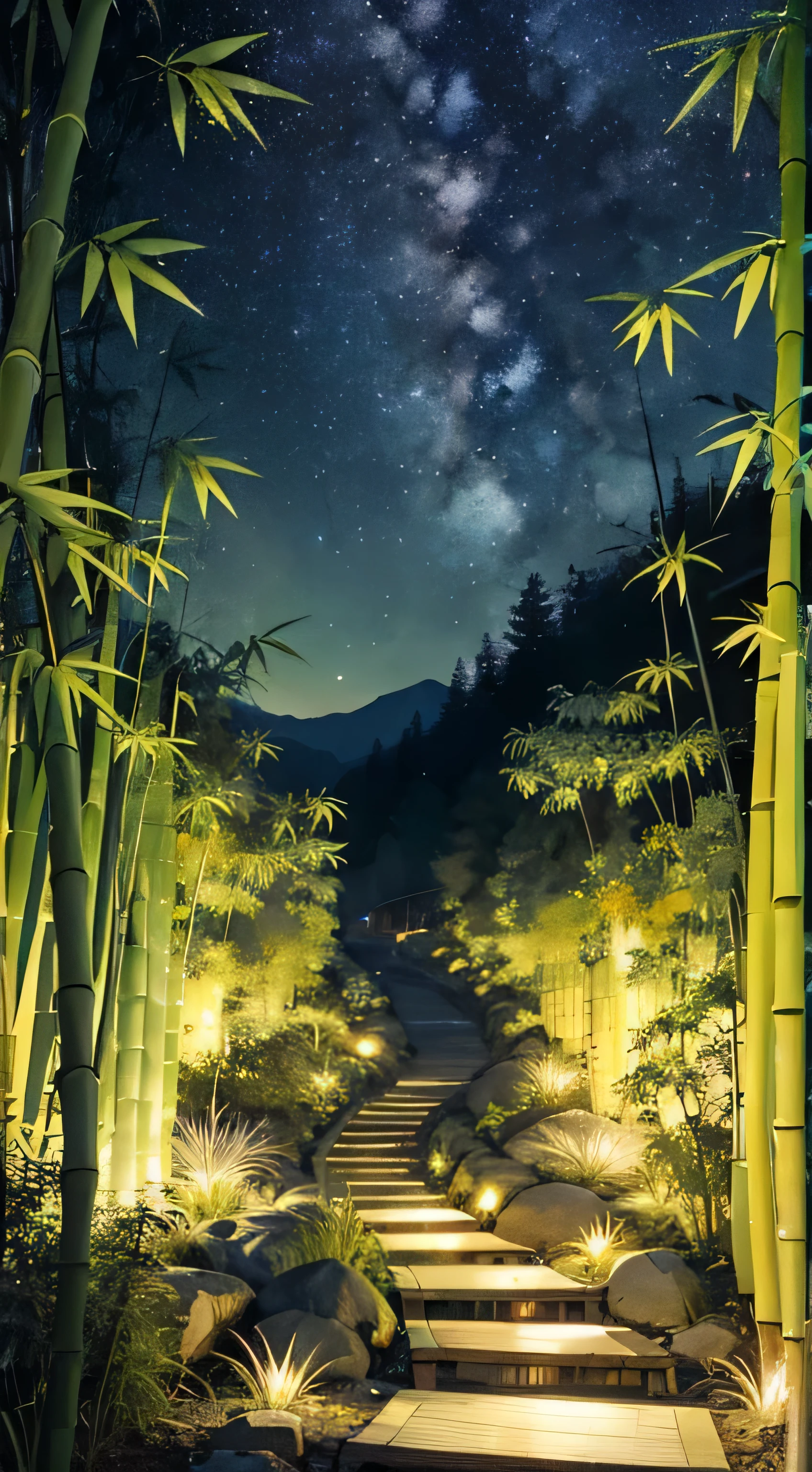 The enchanting beauty of Kyoto, 静かなbamboo forestと曲がりくねった道、enchanting star. 私たちDesign ofは、A testament to the incredible synergy of Kyoto'Natural beauty and heavenly wonders。. bamboo forestの小道を散策, Dark-colored bamboo shoots create a tranquil atmosphere. overhead, the night sky is bright, paying meticulous attention to detail, Expressing the delicate texture of bamboo leaves and the brightness of stars. A design that creates a mysterious atmosphere, The quiet beauty of Kyoto'bamboo forest、breathtaking starry sky. 「Kyoto'bamboo forest and starry sky along the path」Design of, A place where nature and the universe blend in perfect balance. Super detailed, advanced details, high quality, Awards, 最high quality, High resolution, 16k, 8k,light of lighting illuminating the road、There are no buildings、bamboo forest間の照明、gorgeous bamboo color、The green of the bamboo is bright and beautiful.、orange lights illuminate the way、The contrast between the green bamboo and the orange lighting is beautiful.、