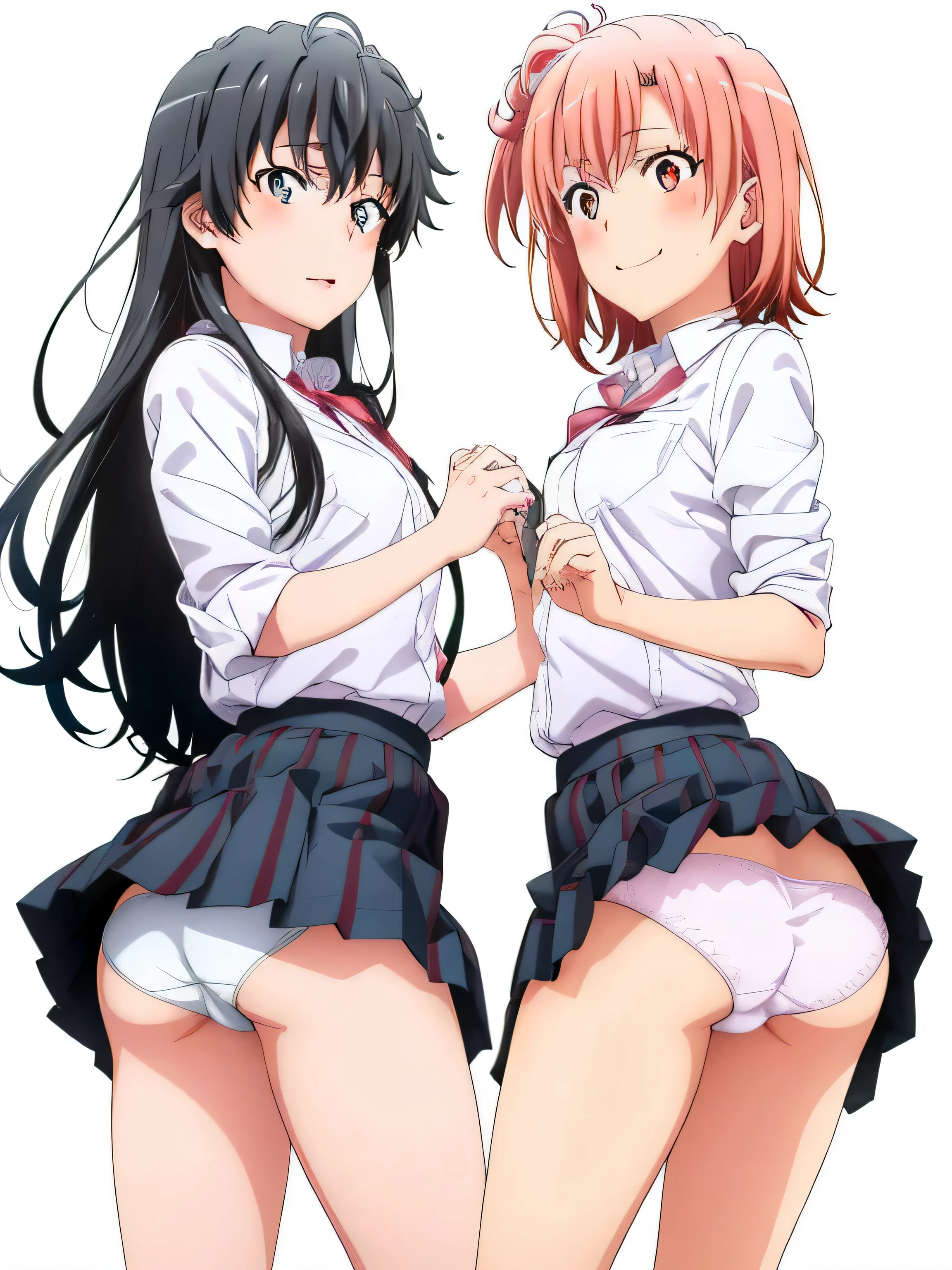 2 girls , Yukinoshita Yukino , Yuigahama Yui , waltz dance , school uniform,check skirt,((check skirt捲れる)),(white panties),(pink panties),