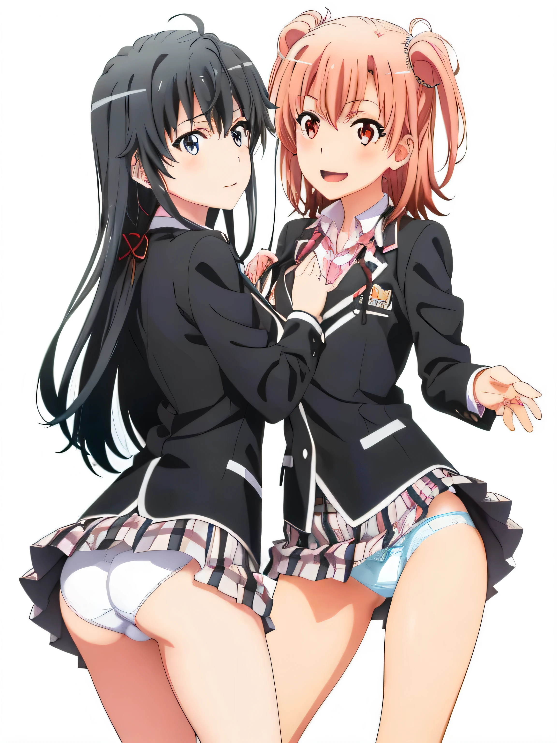2 girls , Yukinoshita Yukino , Yuigahama Yui , waltz dance , school uniform,check skirt,((check skirt捲れる)),(white panties),(pink panties),