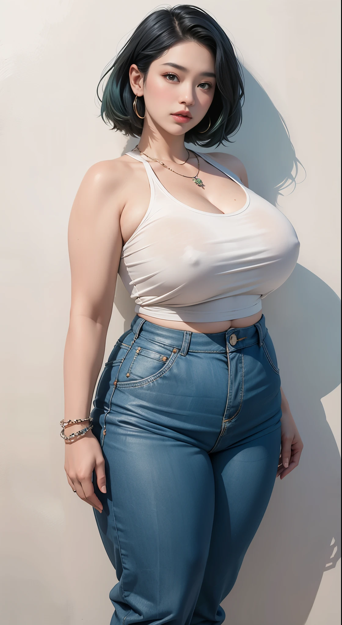 photorealistic, high resolution, soft light,1women, solo, wide hips, (detailed face),tattoo, jewelry, , , blue and green hair Color , (closeup), wide angle,, (busty), armpit , Slightly fat belly, large breasts, full body angle, 80 years old woman , thick thighs , thick arms , standing in dark rooms, short pants, wearing a three bracelet, wearing two diamond necklace , wearing a watch, wearing airmax shoes , japanese goddess, wavyshort hairstyle, fat belly, thick fat belly, thick wide hips, thick arm, bbwchan, massive arm, full body,
