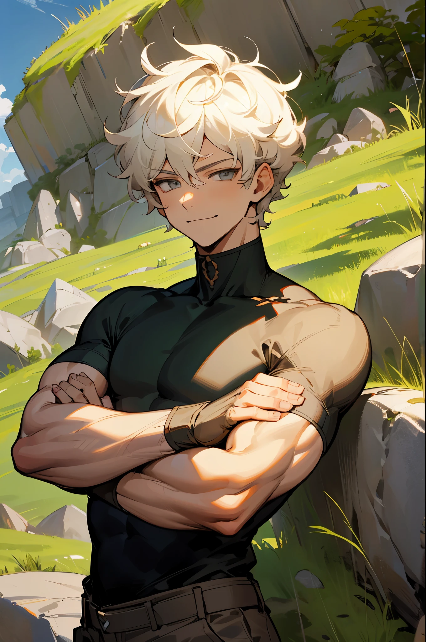 1male , grey Eyes , short hair , curly hair, black shirt , Young Male , Muscular, cream colored hair, rocky terrain, grassy background, arms crossed, smirking