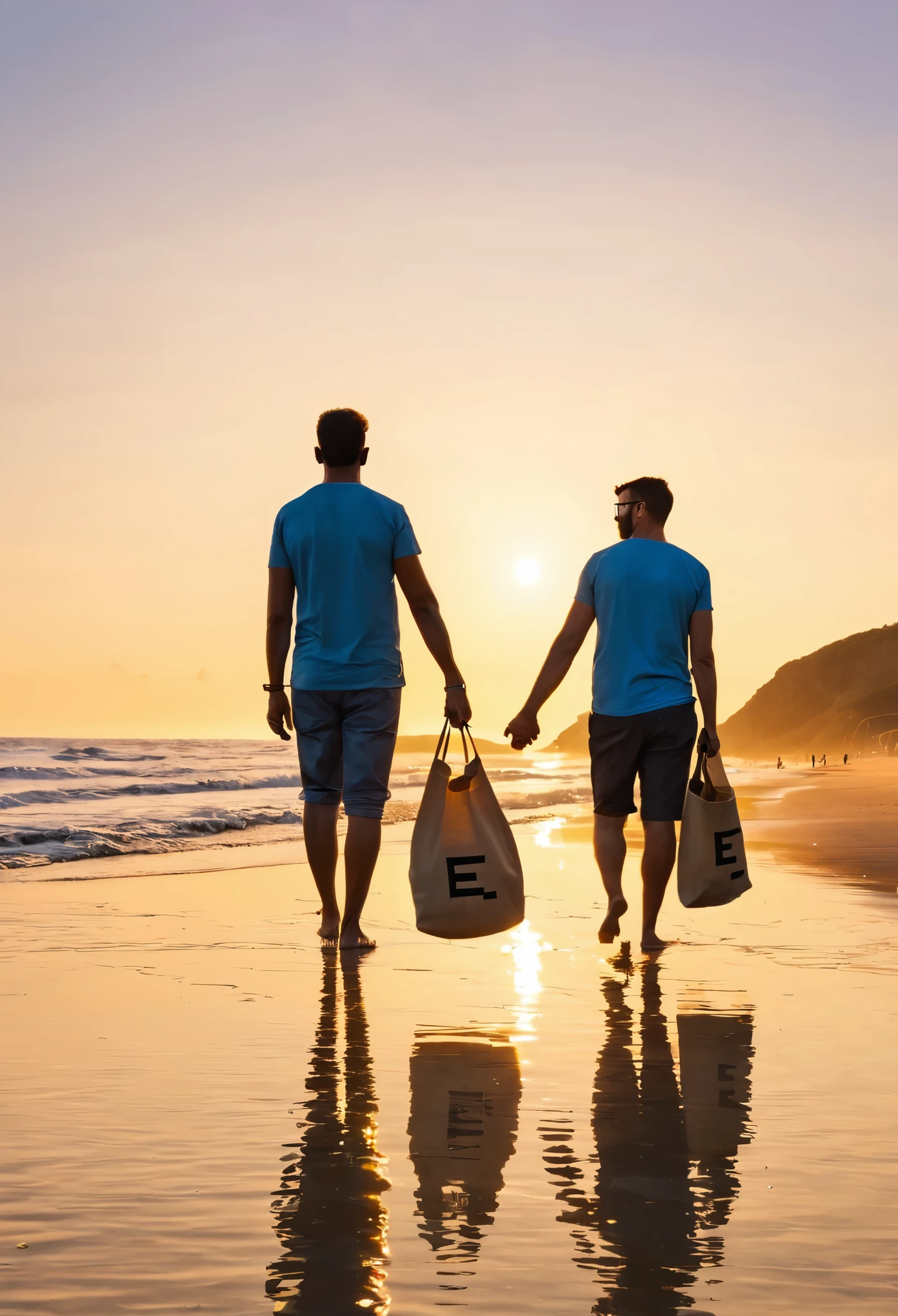 Beach day at sunset looking towards the sea a couple of men with bags with the letters e on them holding hands 