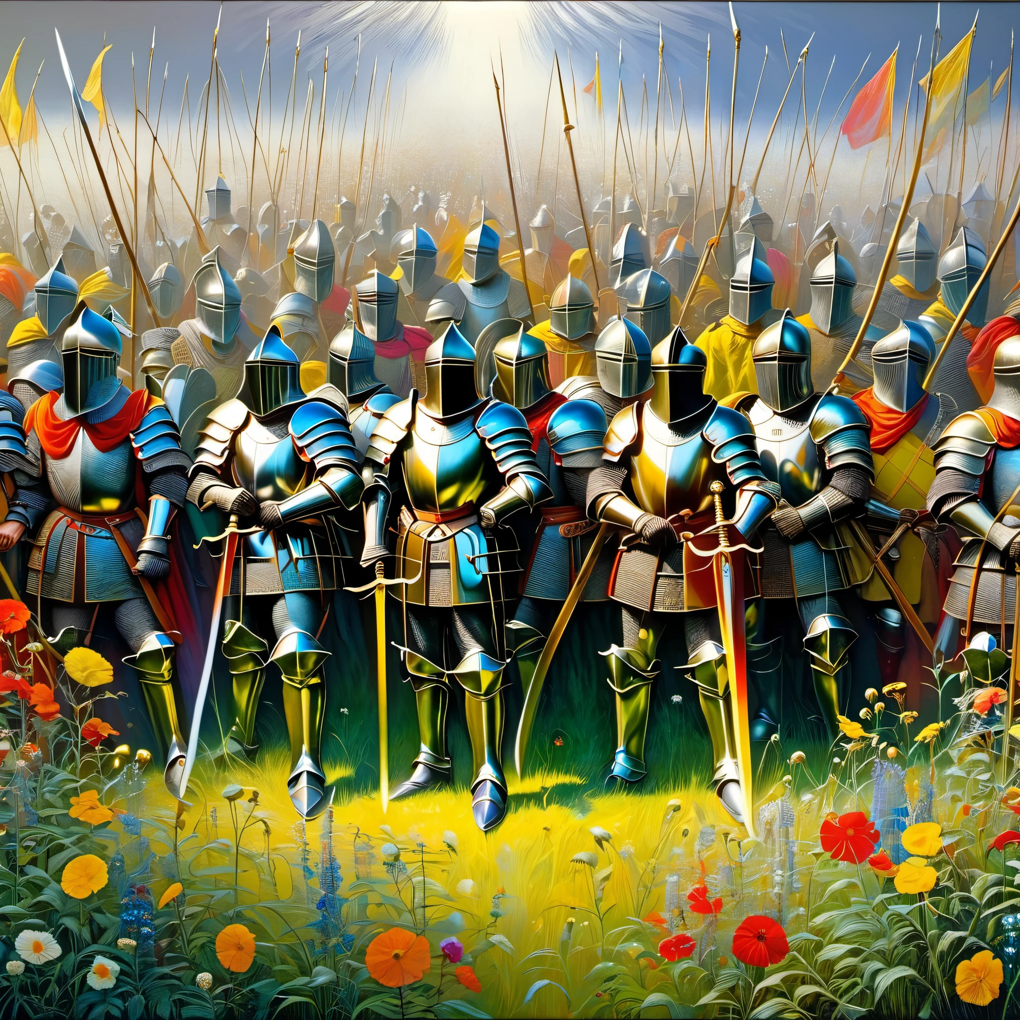 Model Paradox 2 SD XL 1.0 , ,SDS-XL Floodlight regulator ,Photo Fantasy , A painting depicting a large group of people standing against the background of a summer meadow!!!!!! 30 knights with sabers in their hands!!!! 80 knights in bronze armor with axes in their hands !!!!!!! inspired by Karl Bryullov, Viktor Vasnetsov, high detail, front light, bright colors, modern European ink painting, high quality, high detail, masterpiece,