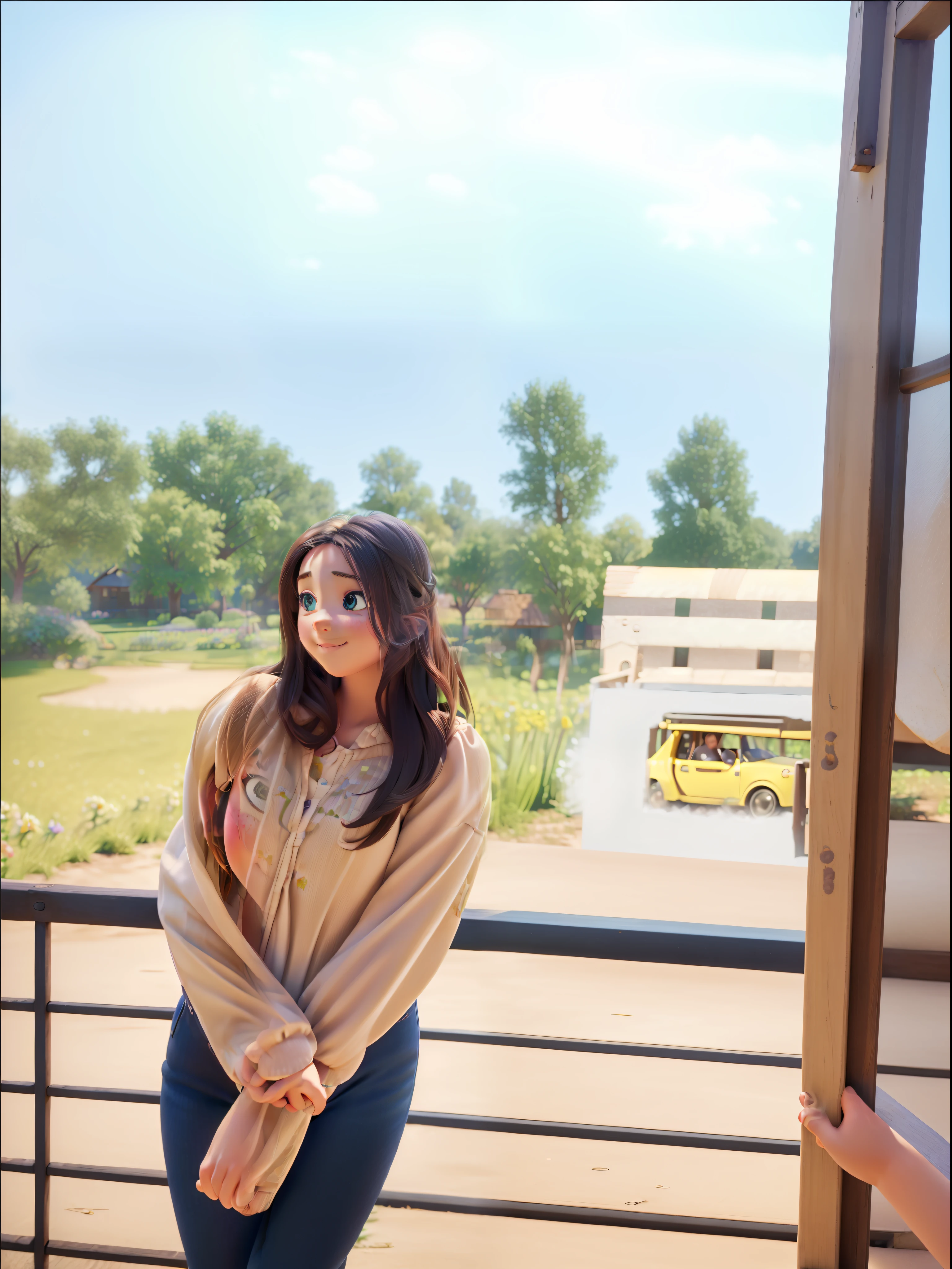 (best quality,4k,8k,highres,masterpiece:1.2),ultra-detailed,(realistic,photorealistic,photo-realistic:1.37), PIXAR style, a girl in a garden, surrounded by blooming flowers, enjoying the sunshine, playful energy, vibrant colors, soft lighting and same face shape.