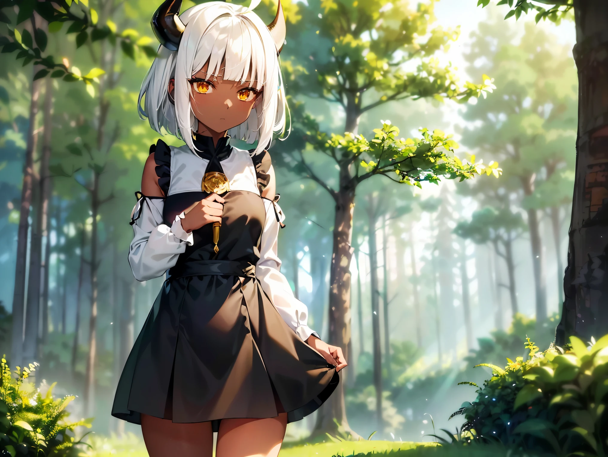 Cimematic vision, nigth, ((1girl)), (lolita), ((((Dark skin)))), ((((short white hair)))), (((blunt bangs))), yellow eyes, ((cabelo emaranhado)), ((((no expression)))), Sonolenta, ((ahoge)), ((black horns)), ((((wearing only black tunic)))), desleixada, ((melhor qualidade)), ((obra de arte)), (detalhado), rosto perfeito, ((style novel)), ((in forest)), cores beautiful, ((((style anime Shikimori-san))))