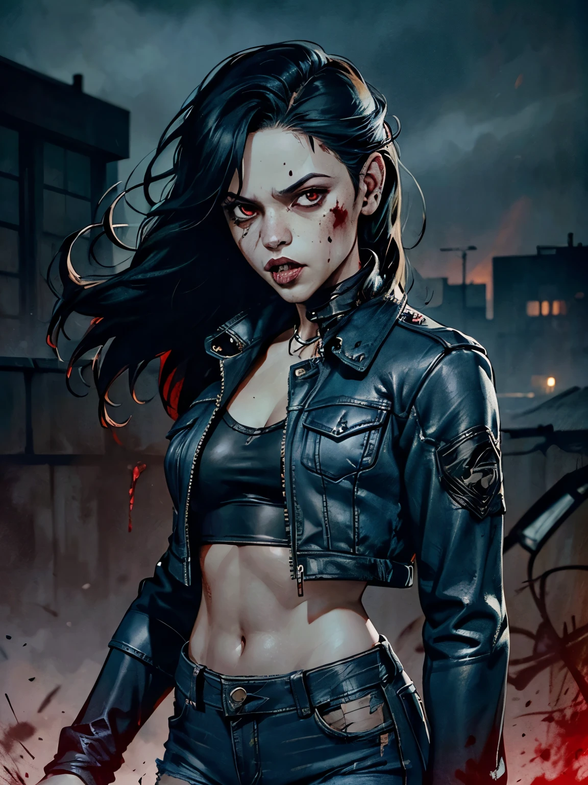 masterpiece, best quality, high resolution, draw, comic, hyper realism, jortega, alone, long hair, black hair, slim and athletic body, small breasts, vampire, ((red eyes)), fangs, open mouth ((wearing blue jeans and black leather jacket)), very soft light, black night, concept art, horror, dark, very dark, art by Yoji Shinkawa, ink and watercolor, ((hunting in a dark city during night)), angry, ((blood on her face, blood on her lips))