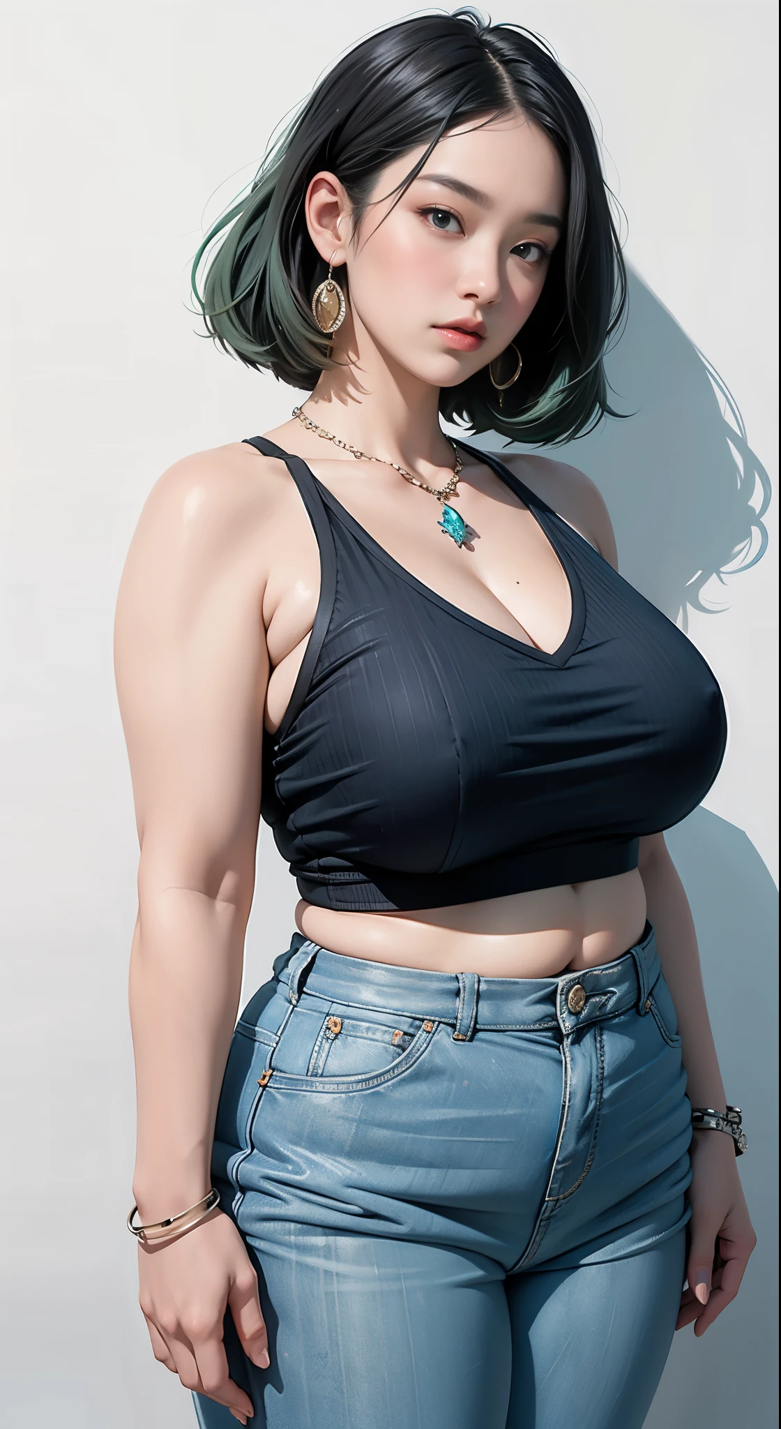 photorealistic, high resolution, soft light,1women, solo, wide hips, (detailed face),tattoo, jewelry, , , blue and green hair Color , (closeup), wide angle,, (busty), armpit , Slightly fat belly, large breasts, full body angle, 80 years old woman , thick thighs , thick arms , standing in dark rooms, short pants, wearing a three bracelet, wearing two diamond necklace , wearing a watch, wearing airmax shoes , japanese goddess, wavyshort hairstyle, fat belly, thick fat belly, thick wide hips, thick arm, bbwchan, massive arm, full body,