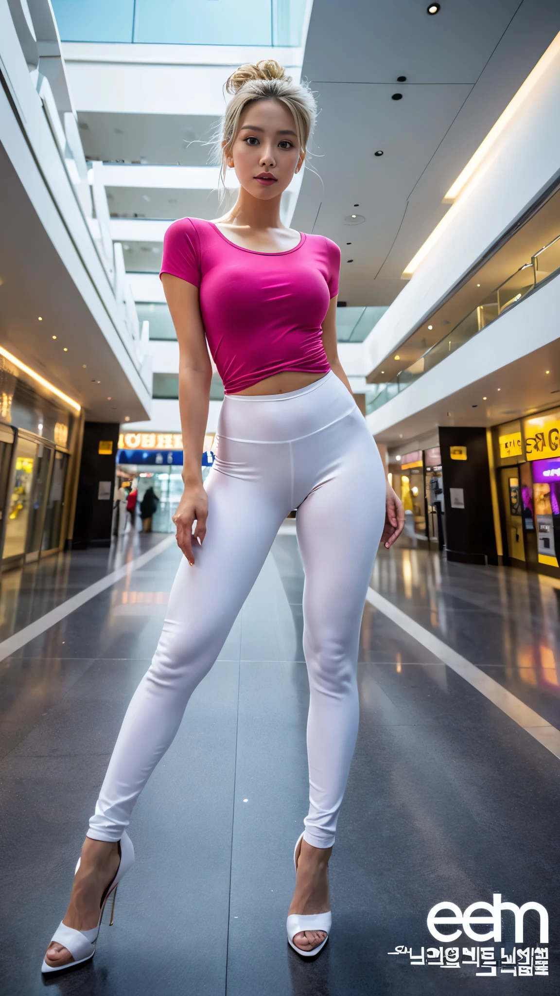 A hot korean woman, tall figure, long legs, blonde hair, messy bun hair-style, natural makeup, perfect body, perfect breasts, braless, wearing a pink tight shirt with u-neck short-sleeve and white legging pants with short-waist, spandex material clothes, high heels, stilettos, full body, front view, standing and open legs, detailed body, night, at large mall, professional photography, photography, parapet, dynamic light, backlight, cinematic, conceptual, perspective,