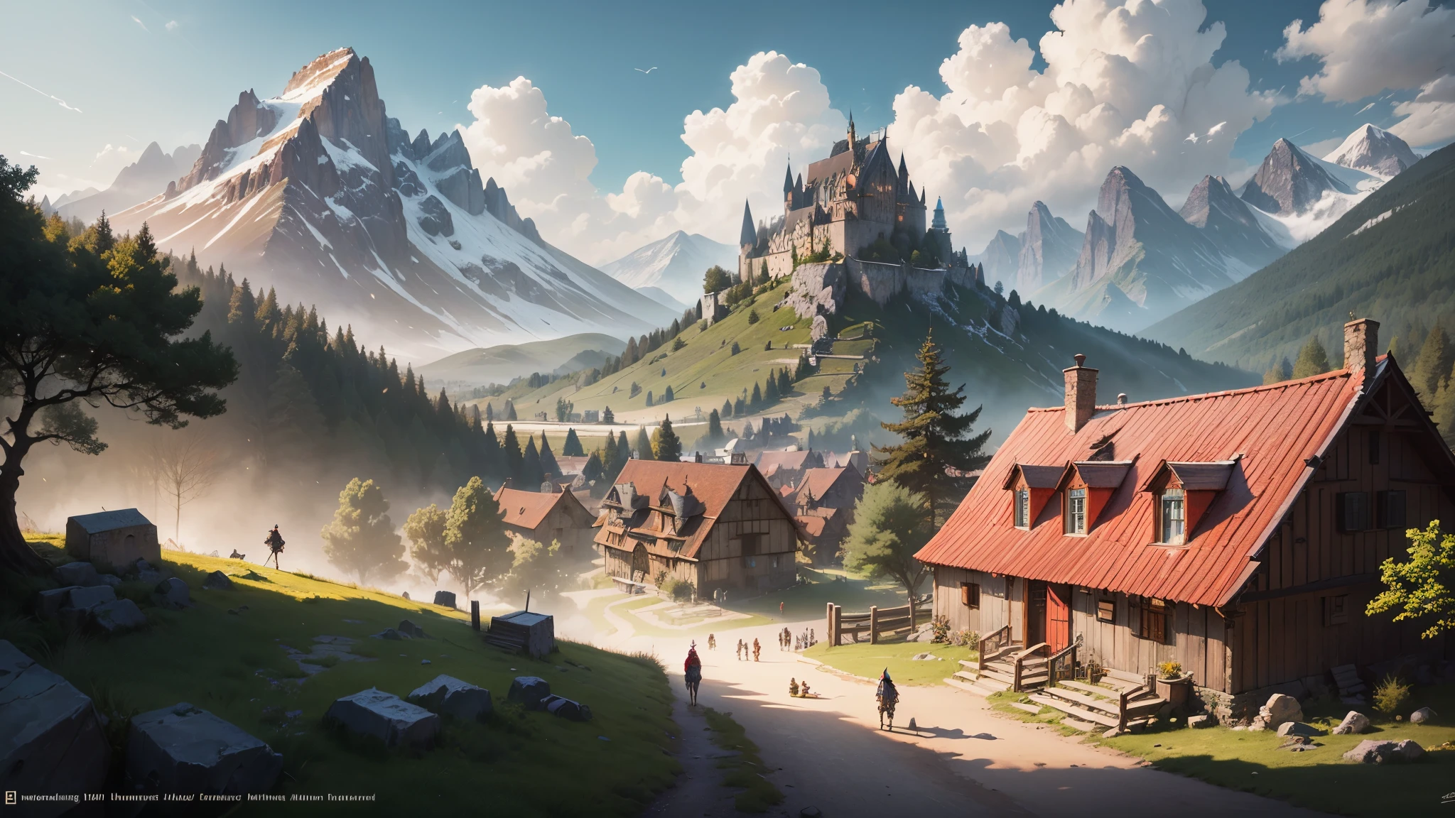 medieval city, fantasy, D&D, concept art, sharp focus, trending on artstation, digital painting, midday, sunny, beautiful, texture, wizards of the coast, tabletop, roleplay, stone and wooden building materials, european culture, mountains, (red roof:1.2), trees, bushes, mill