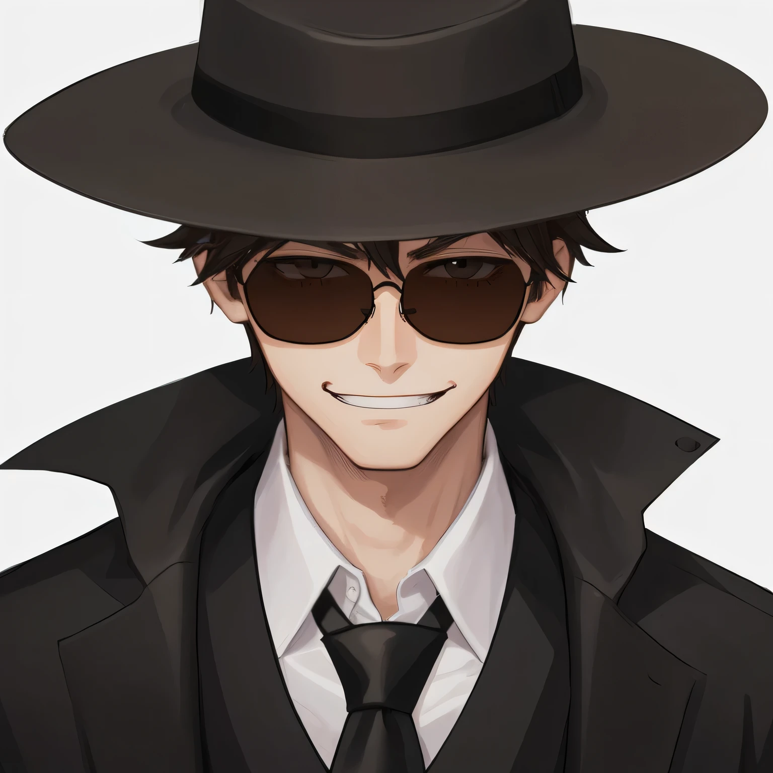 1boy, anime, brown_short_hair, sunglasses, black_fedora, black_overcoat, white_shirt, black_necktie, cocky, smirking, white_background, looking_at_viewer