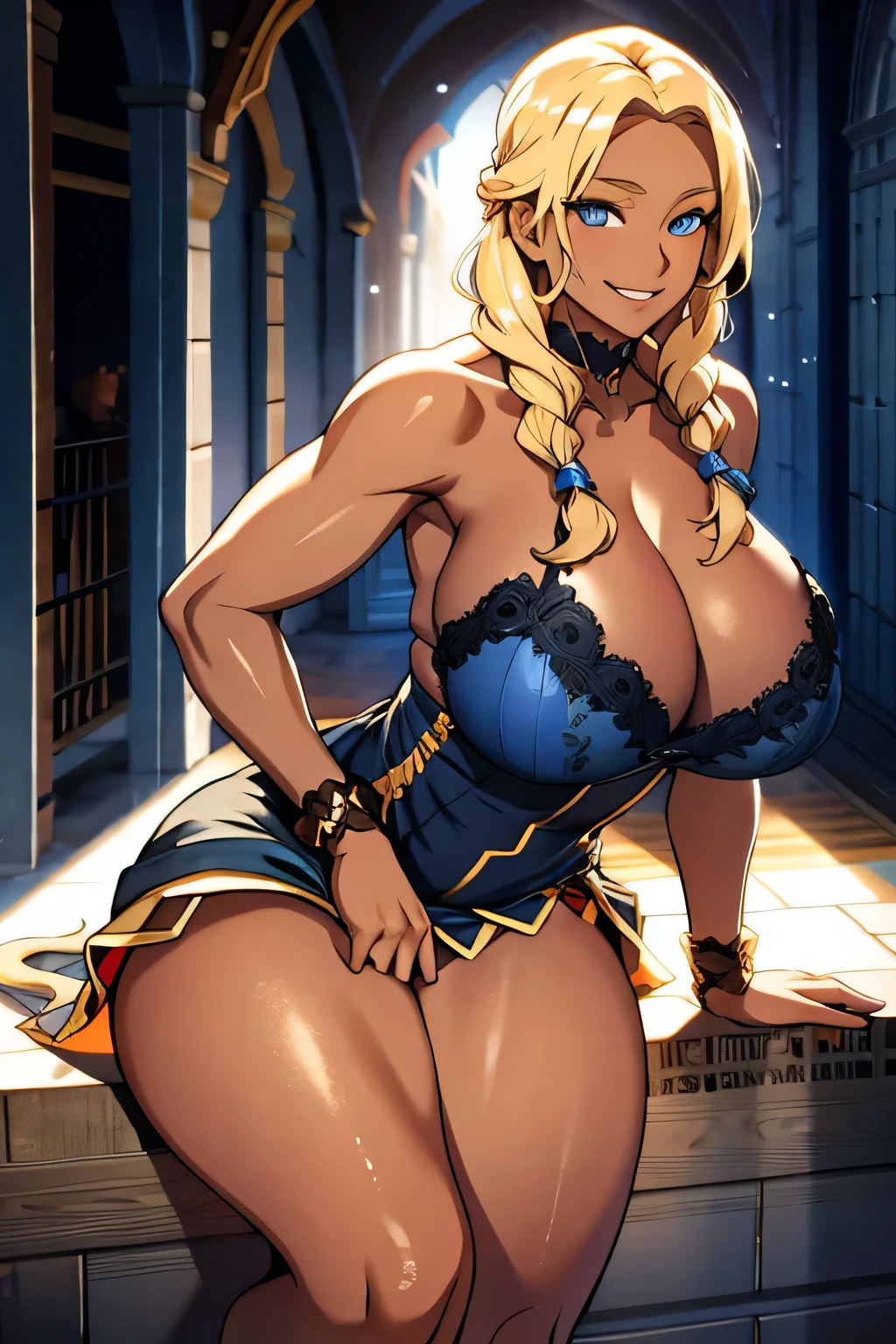 long blonde hair, colored skin, brown skin, blue eyes, solo, smiling, standing, upper body, hips, gigantic breasts, black clothes, cleavage