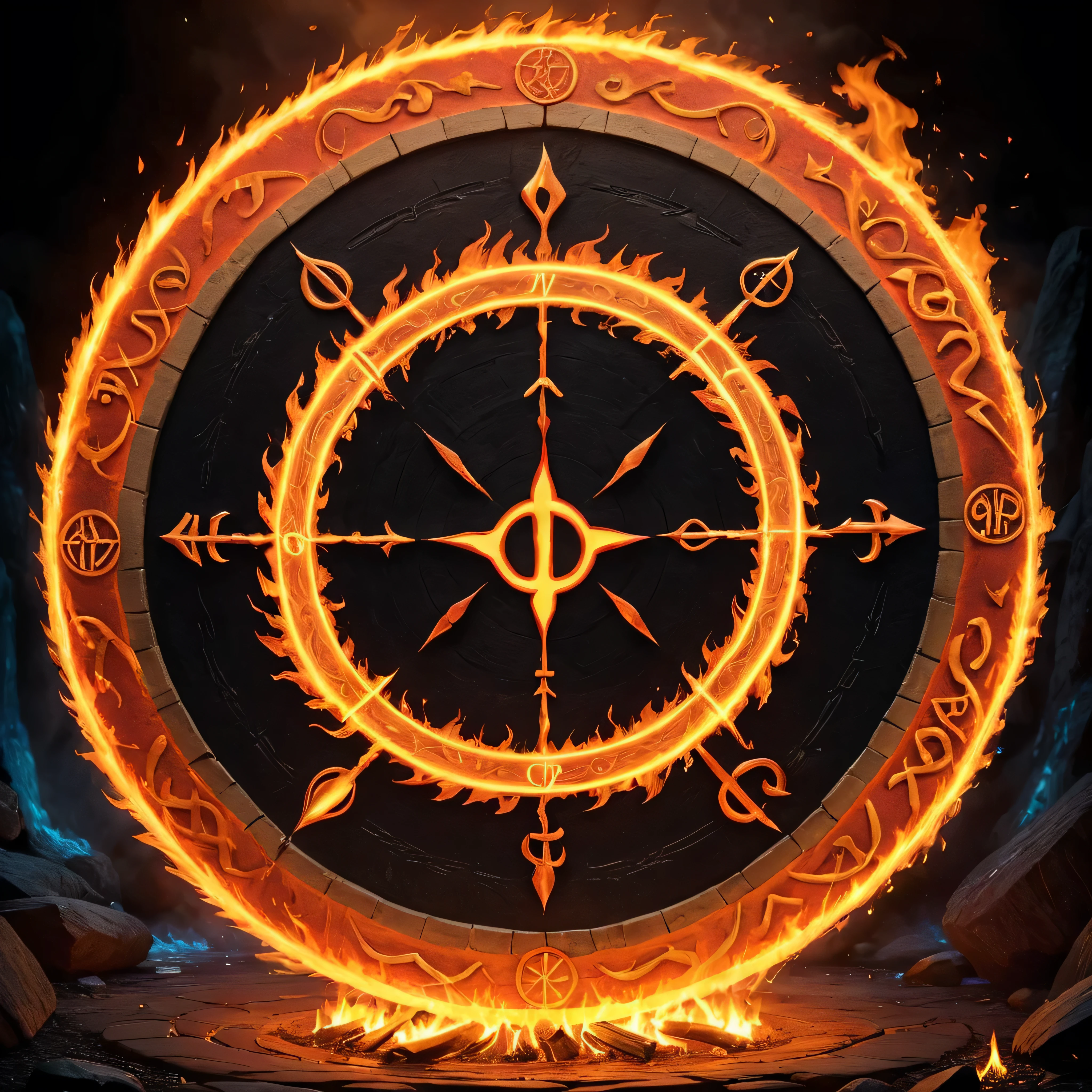 Masterpiece in maximum 16K resolution, superb quality, a stunning image featuring a fire magic circle, intricate details of raging flames in vibrant shades of red, orange, yellow, swirling dynamically in a mesmerizing dance with intense heat radiating from them, (magical runic symbols), serene forest waterfall in the background. | ((More_Detail))