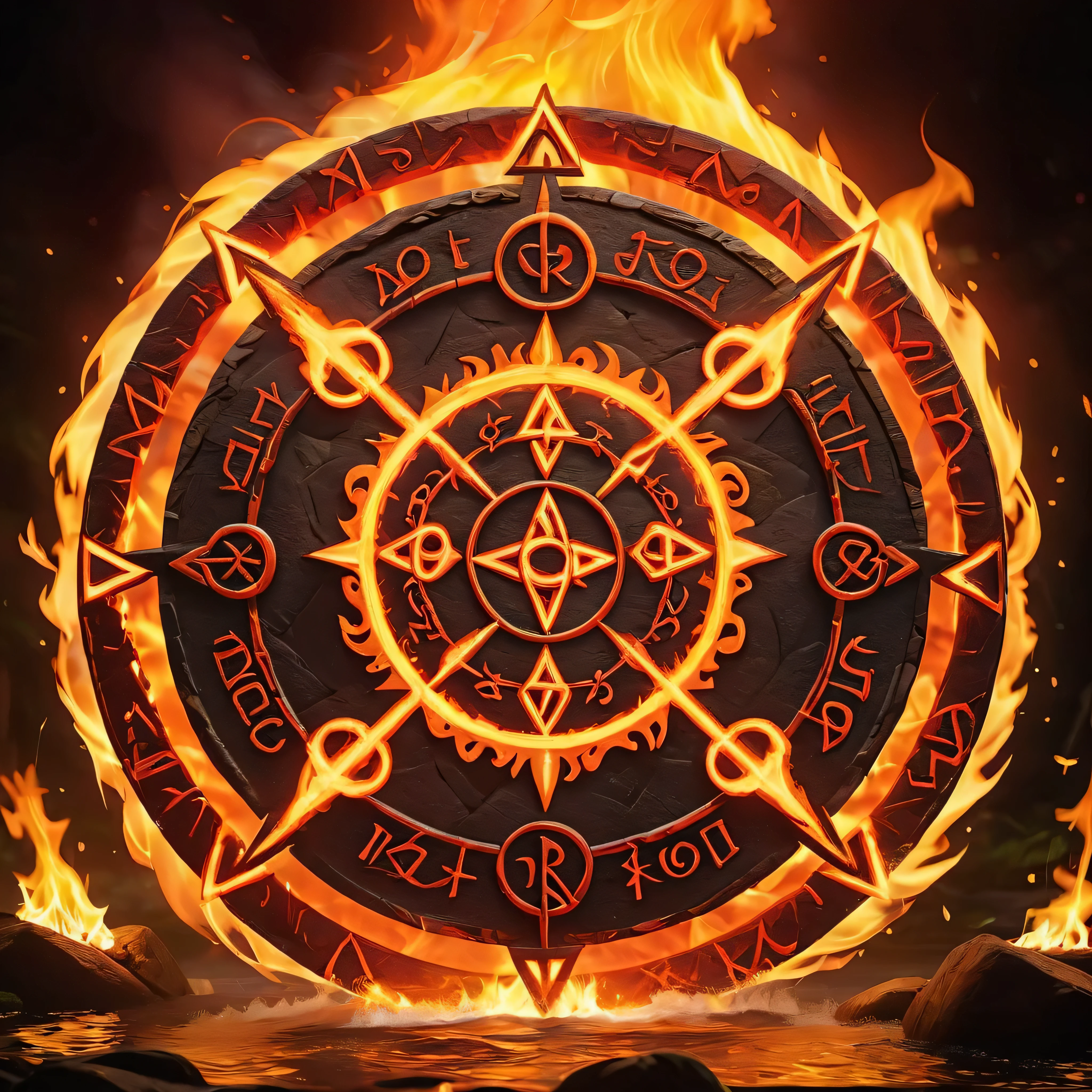 Masterpiece in maximum 16K resolution, superb quality, a stunning image featuring a fire magic circle with a ((variety of ancient symbols and runes)), intricate details of raging flames in vibrant shades of red, orange, yellow, swirling dynamically in a mesmerizing dance with intense heat radiating from them, (magical runic symbols), serene forest waterfall in the background. | ((More_Detail))